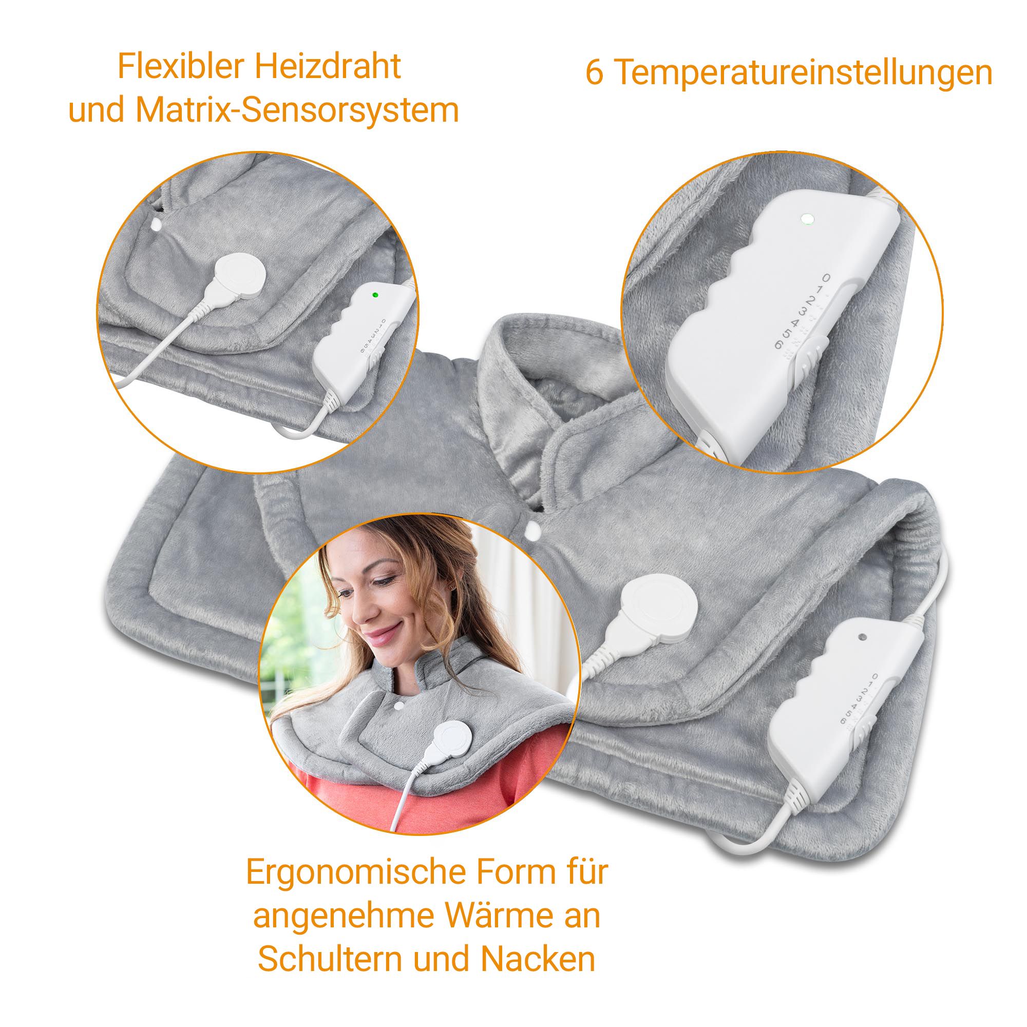Graues Heizkissen mit Details: flexible Heizdrähte, 6 Temperatureinstellungen, ergonomische Form.