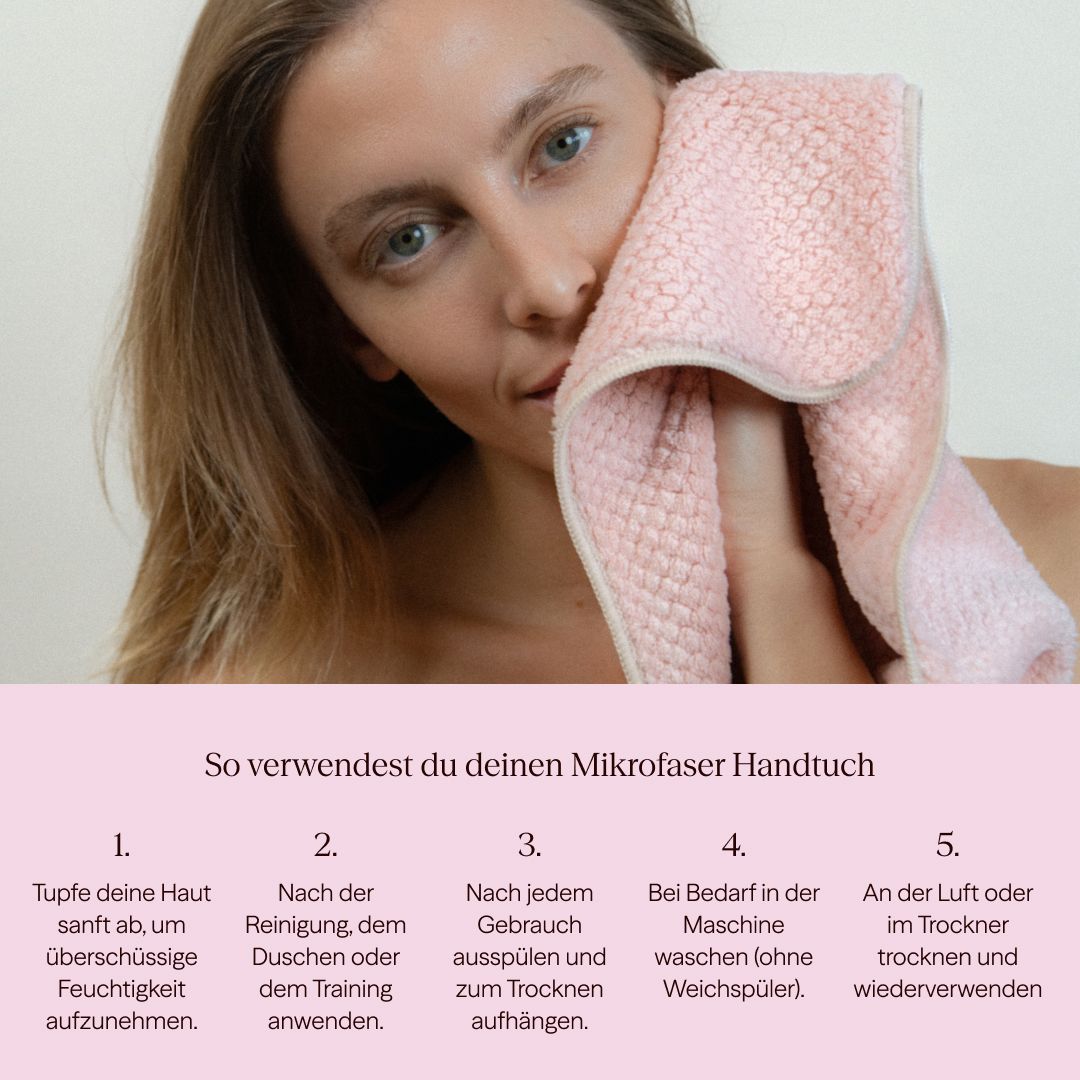 Eine Frau verwendet ein rosa Mikrofasertuch. Anweisungen: Tupfen, nach Reinigung, ausspülen, waschen, an der Luft trocknen.