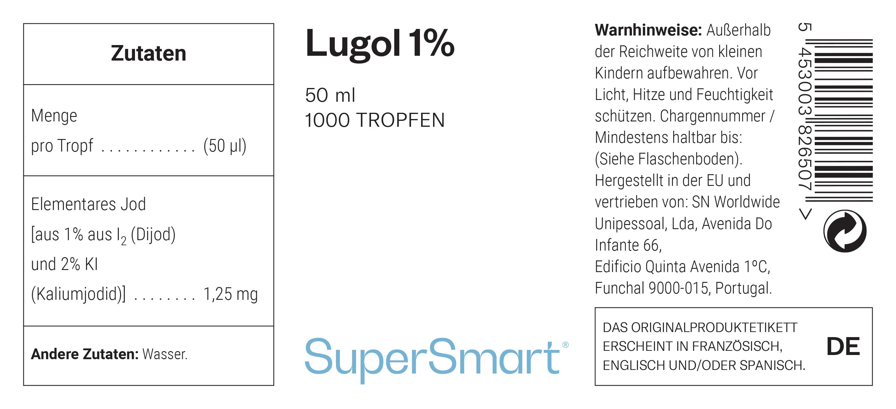 Etikett mit Inhaltsstoffen und Warnhinweisen. Produkt: Lugol 1% von SuperSmart. 50 ml, 1000 Tropfen. Enthält Jod.