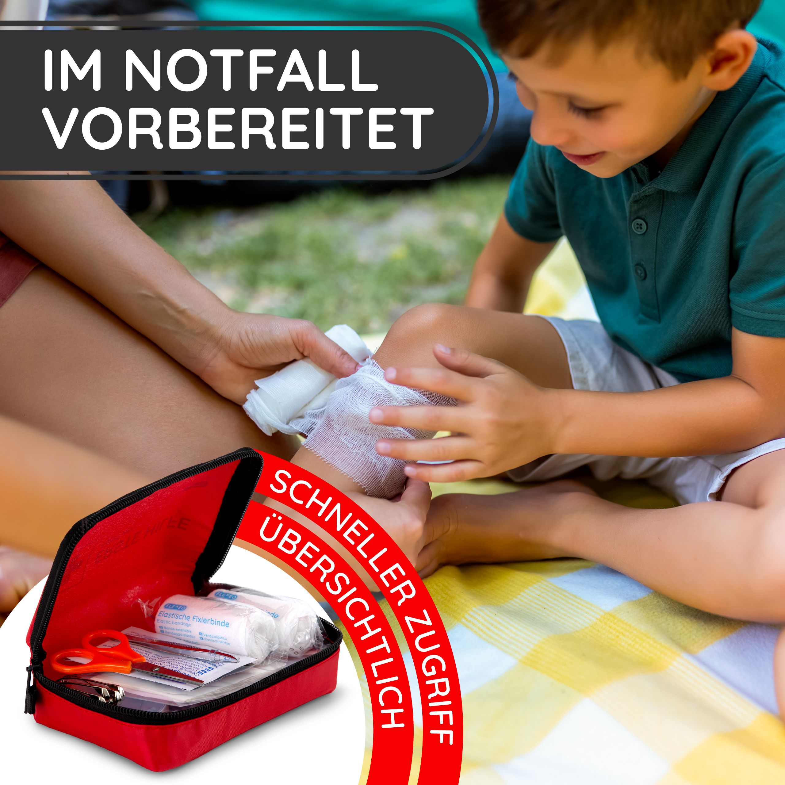 Ein Kind erhält von einer Person einen Verband. Rotes Erste-Hilfe-Set geöffnet. Text: SCHNELLER ZUGRIFF, ERSTE HILFE.