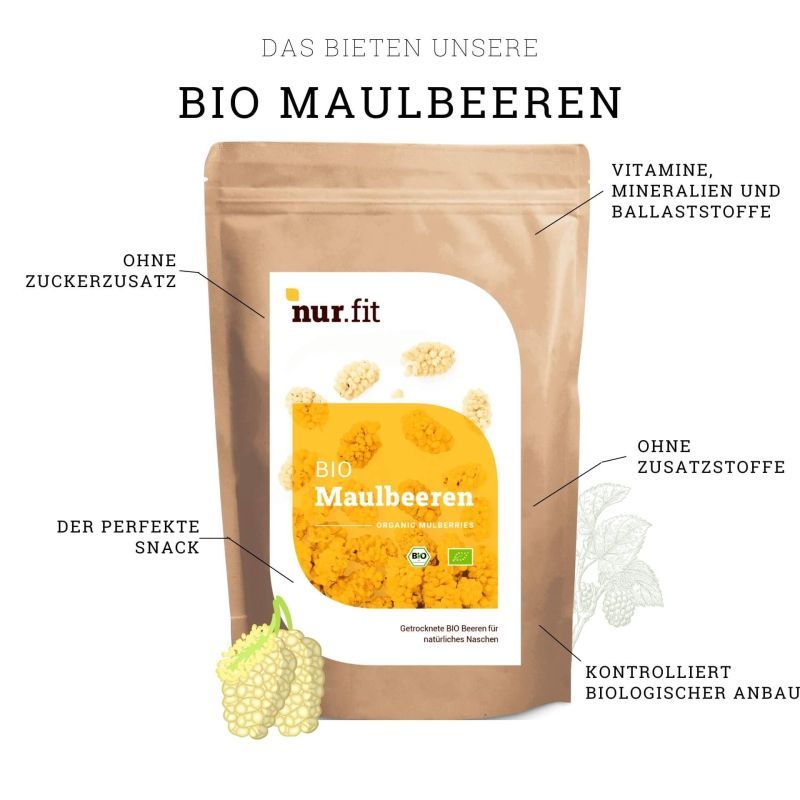 Braune Papiertüte mit weißem Etikett. Auf dem Etikett steht "nur.fit BIO Maulbeeren". Zusätzliche Textfelder heben Vorteile hervor.