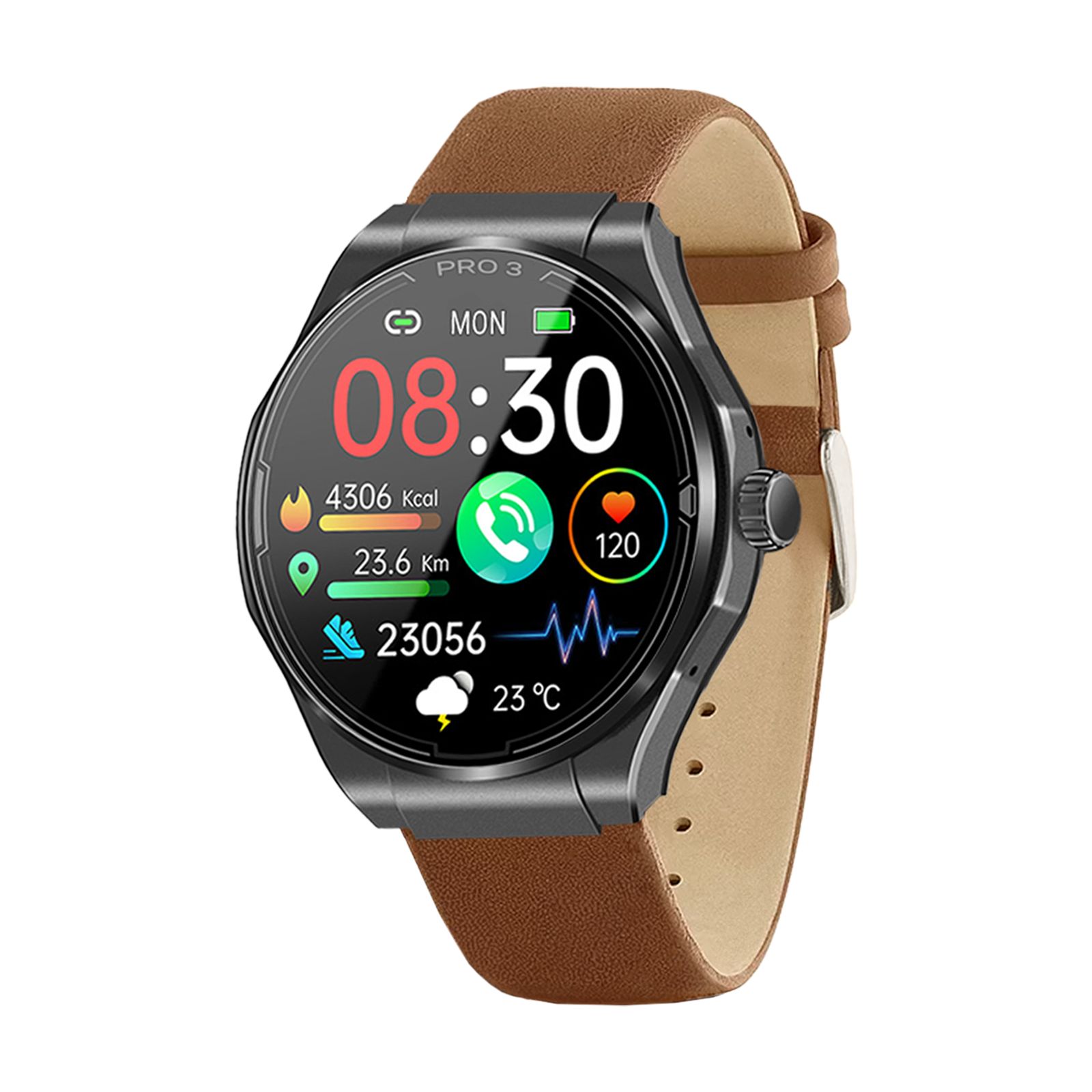 Smartwatch mit rundem Display, braunem Lederarmband. Zeigt Uhrzeit, Herzfrequenz, Schritte, verbrauchte Kalorien und Wetter.