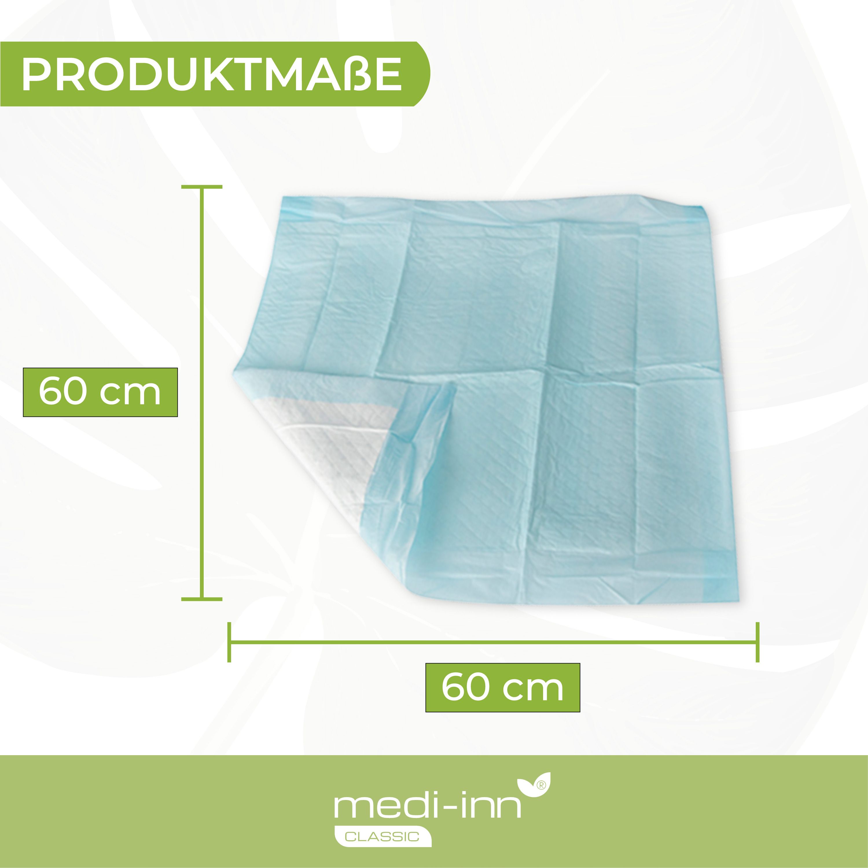 Blaue Krankenunterlage, rechteckig, mit Maßangaben: 60 cm x 60 cm. Logo 'medi-inn'.