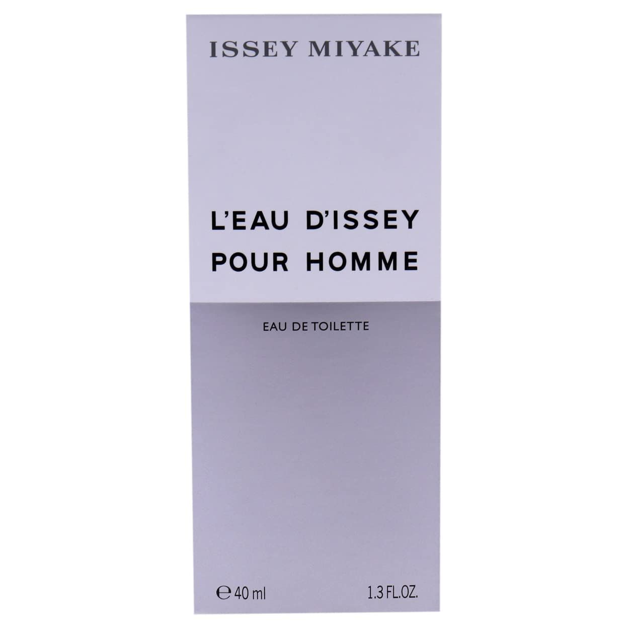 Verpackung. Weiß-lila. Aufschrift: L'EAU D'ISSEY POUR HOMME und ISSEY MIYAKE. Unten: 40 ml und 1.3 FL.OZ.