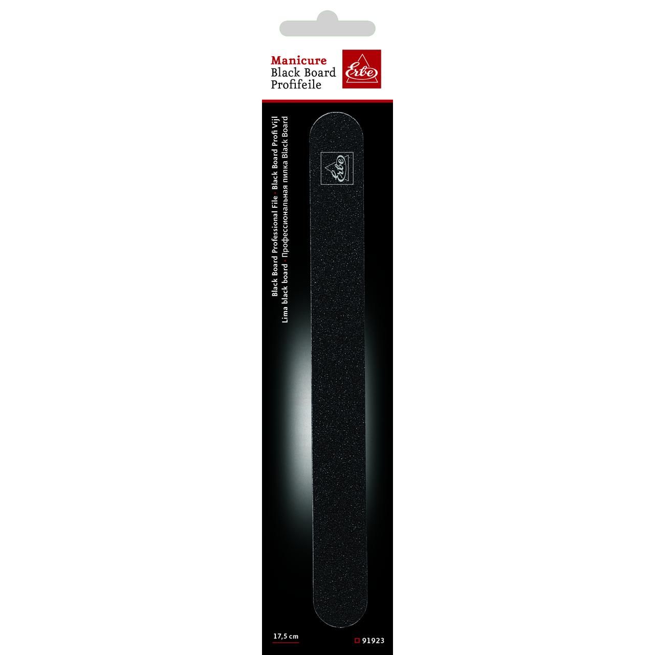 Schwarze Nagelfeile in Verpackung. Aufdruck: Manicure Black Board Profifeile, 17,5 cm.