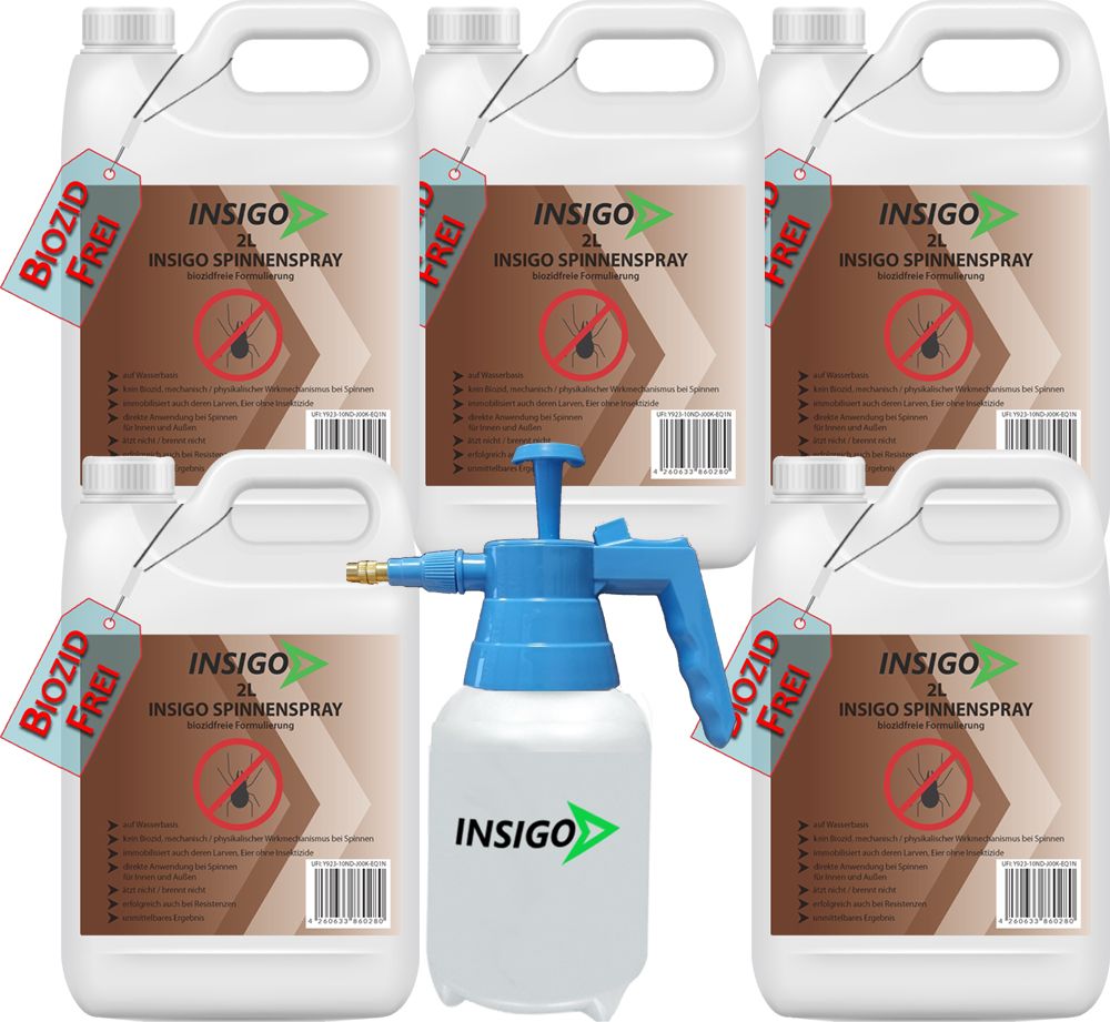 Mehrere weiße Kanister und eine Sprühflasche. Auf den Kanistern steht INSIGO Spinnenspray. Etikett mit BIOZID FREI.