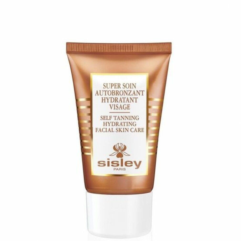 Braune Tube mit weißem Deckel. Aufschrift: Super Soin Autobronzant Hydratant Visage, Self Tanning Hydrating Facial Skin Care. Marke: Sisley.