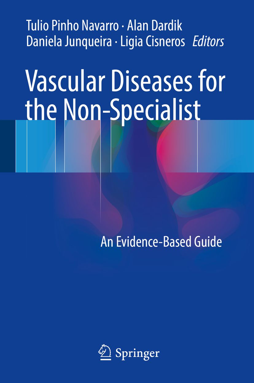Buchcover: Vascular Diseases for the Non-Specialist. Autoren und Springer-Logo. Blauer Hintergrund mit farbigen Elementen.