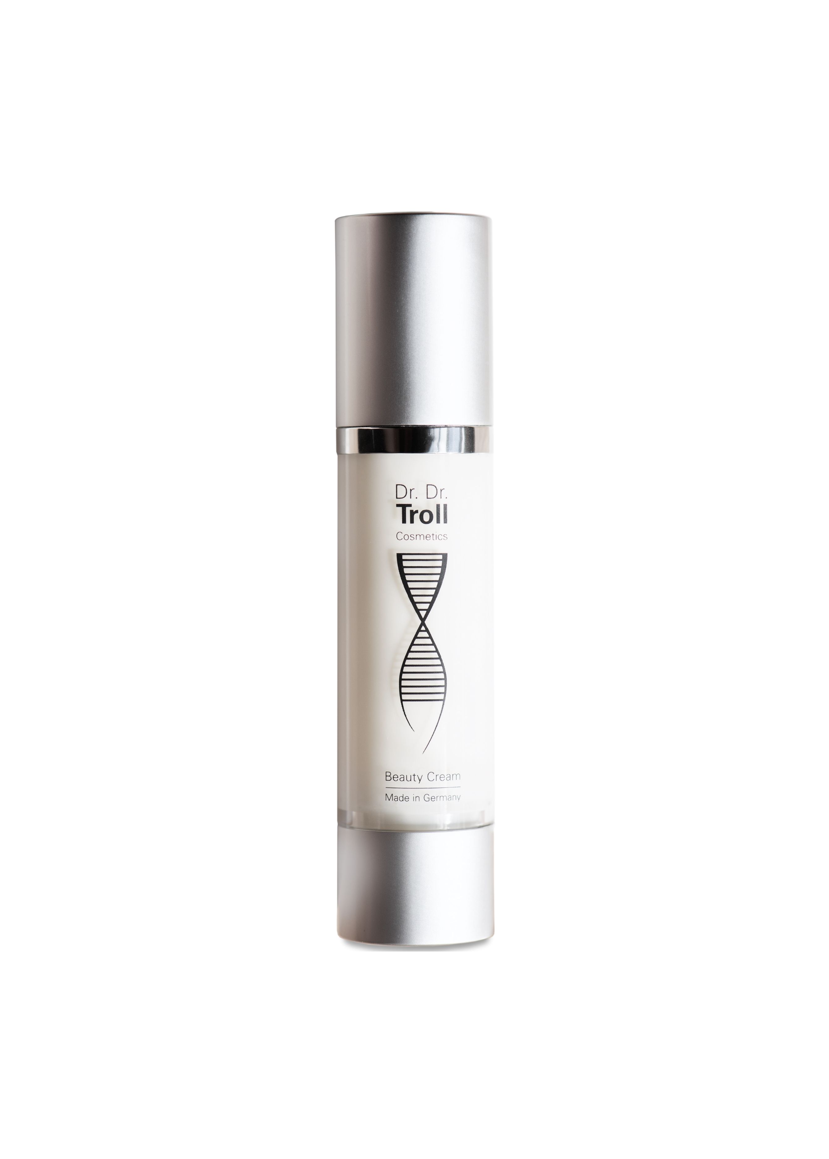 Zylindrische Kosmetikflasche mit silbernem Deckel. Aufschrift: Dr. Dr. Troll Cosmetics Beauty Cream. Made in Germany.