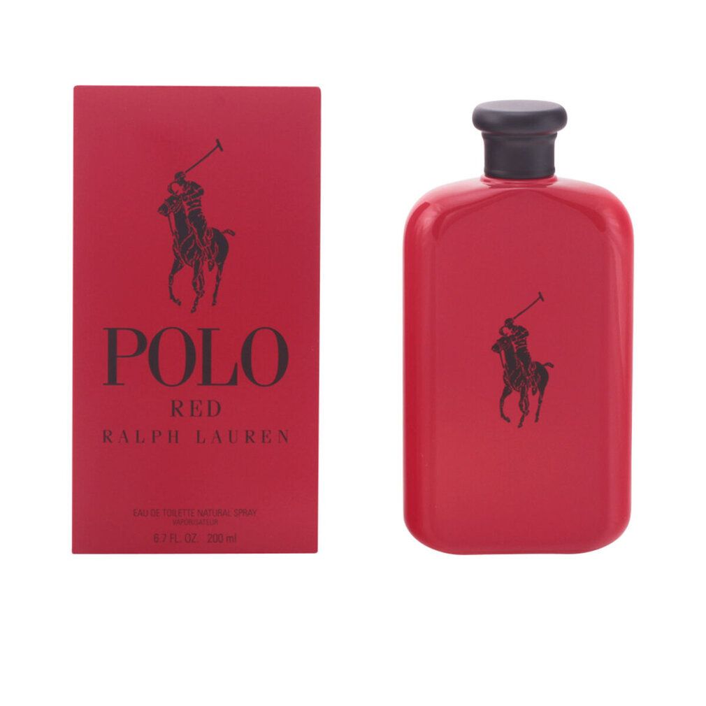Rotes Eau de Toilette-Spray und Verpackung. Schwarzes Logo mit Reiter. Text: POLO RED, RALPH LAUREN. 6.7 fl. oz. / 200 ml.