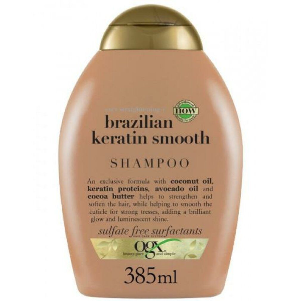 Beige Shampoo-Flasche mit goldfarbenem Deckel. Aufschrift: Brazilian Keratin Smooth Shampoo. Enthält Kokosöl, Keratinproteine, Avocadoöl.