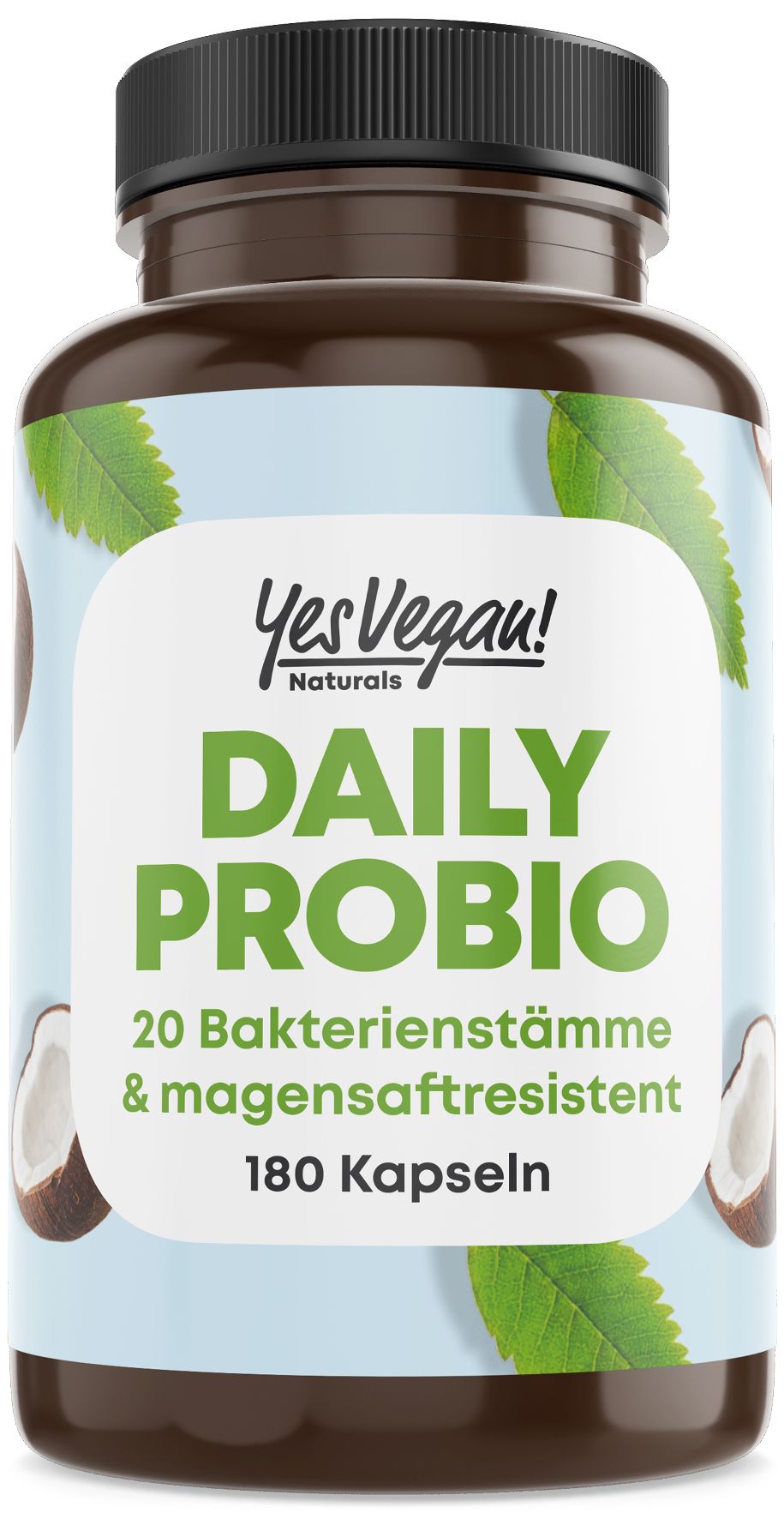 Braune Dose mit Daily Probio Kapseln, 180 Stück. Mit Kokosnuss- und Blättermotiven.