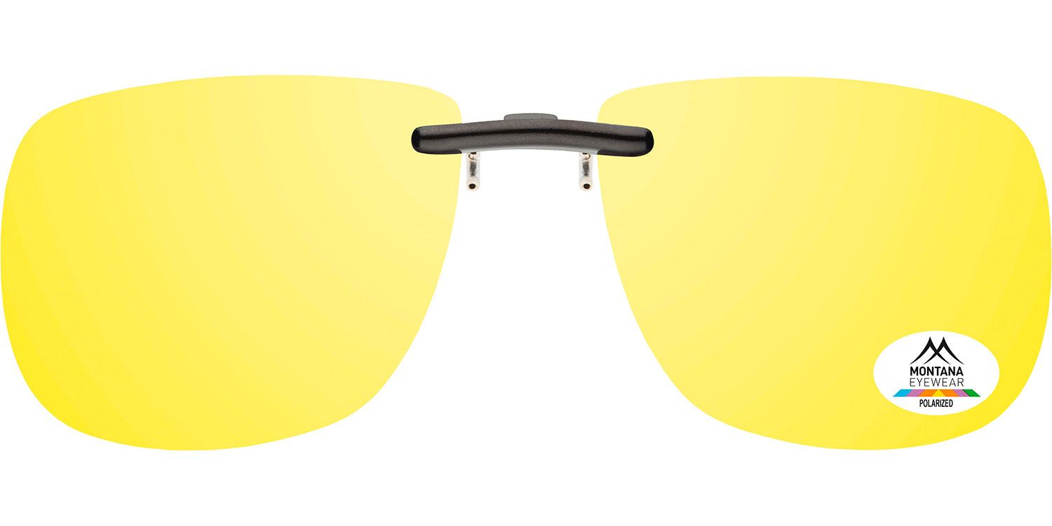 Gelbe Clip-on-Sonnenbrille mit Montana Eyewear Logo. Rechteckige Gläser mit schwarzem Clip-on-Mechanismus.