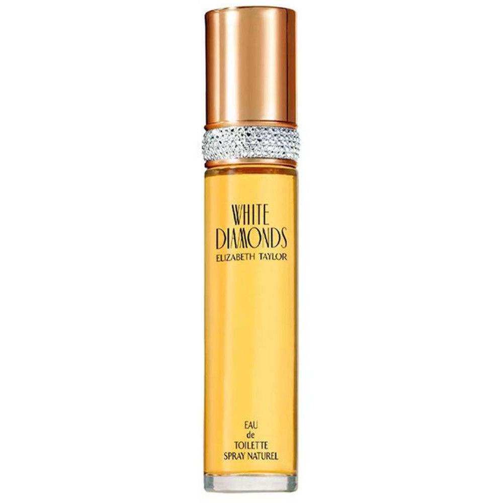 Parfümflasche mit goldfarbenem Verschluss und Strassband. Produktname und Marke auf dem Flakon.