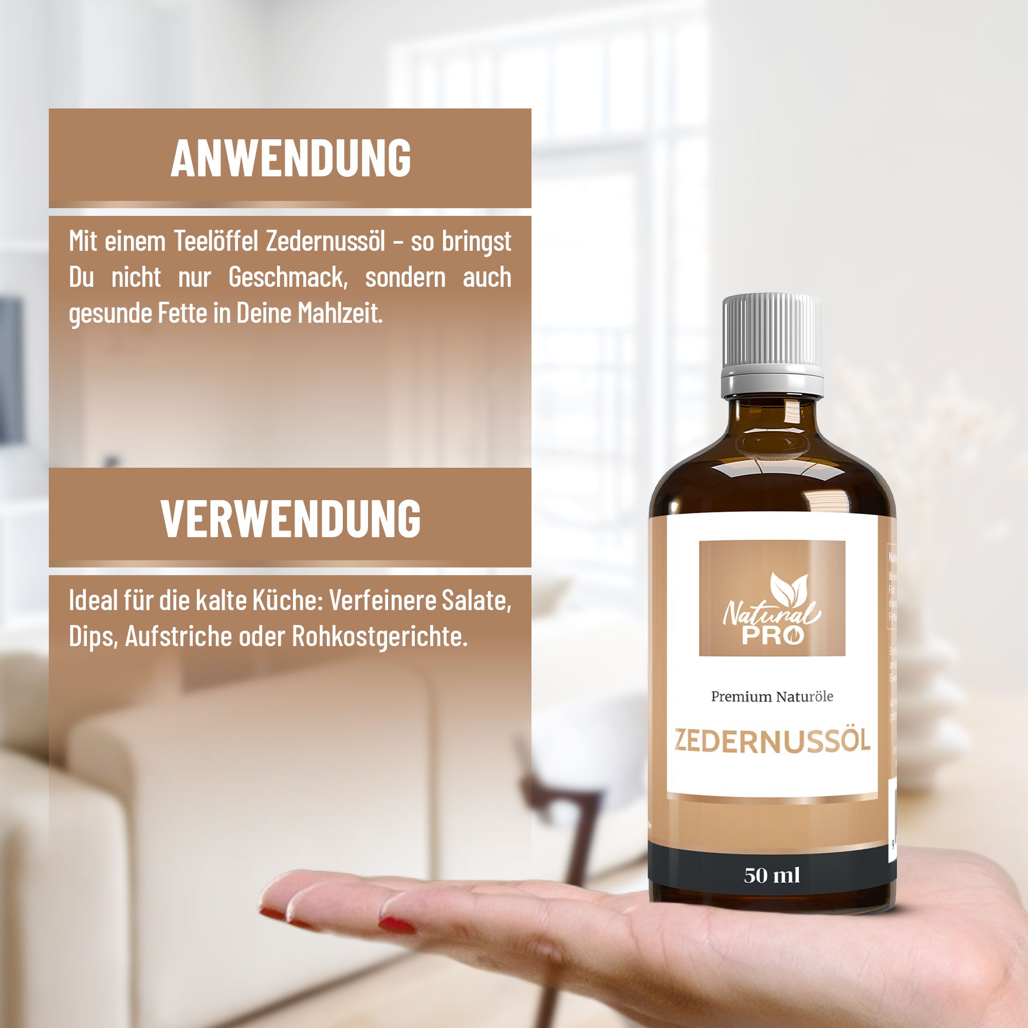 Hand hält braune Glasflasche mit weißem Deckel. Etikett mit Logo und Schriftzug Zedernussöl. 50 ml. Text: Anwendung und Verwendung.