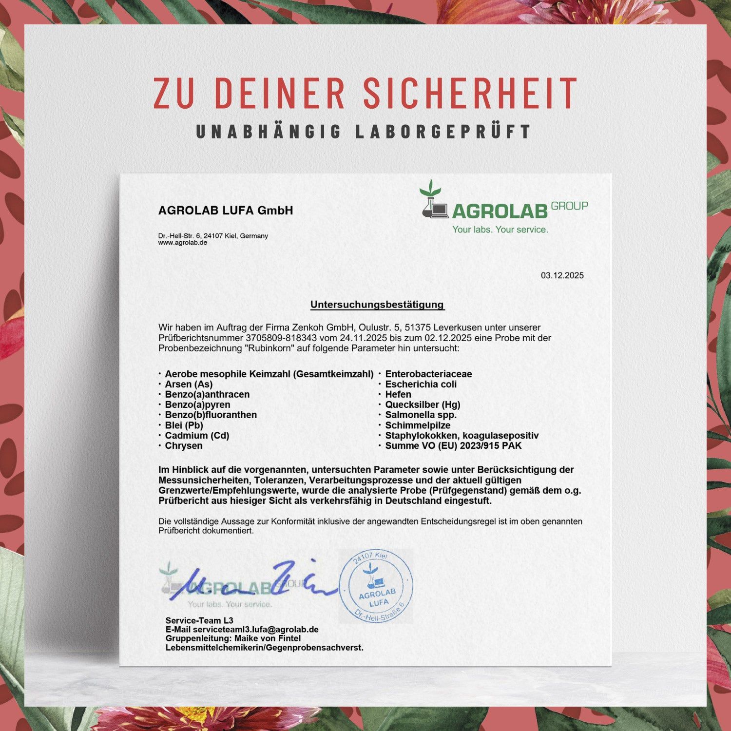 Zertifikat der Agrolab LUFA GmbH. Text: Untersuchungsergebnis. Unabhängig laborgeprüft. Unterschriften.