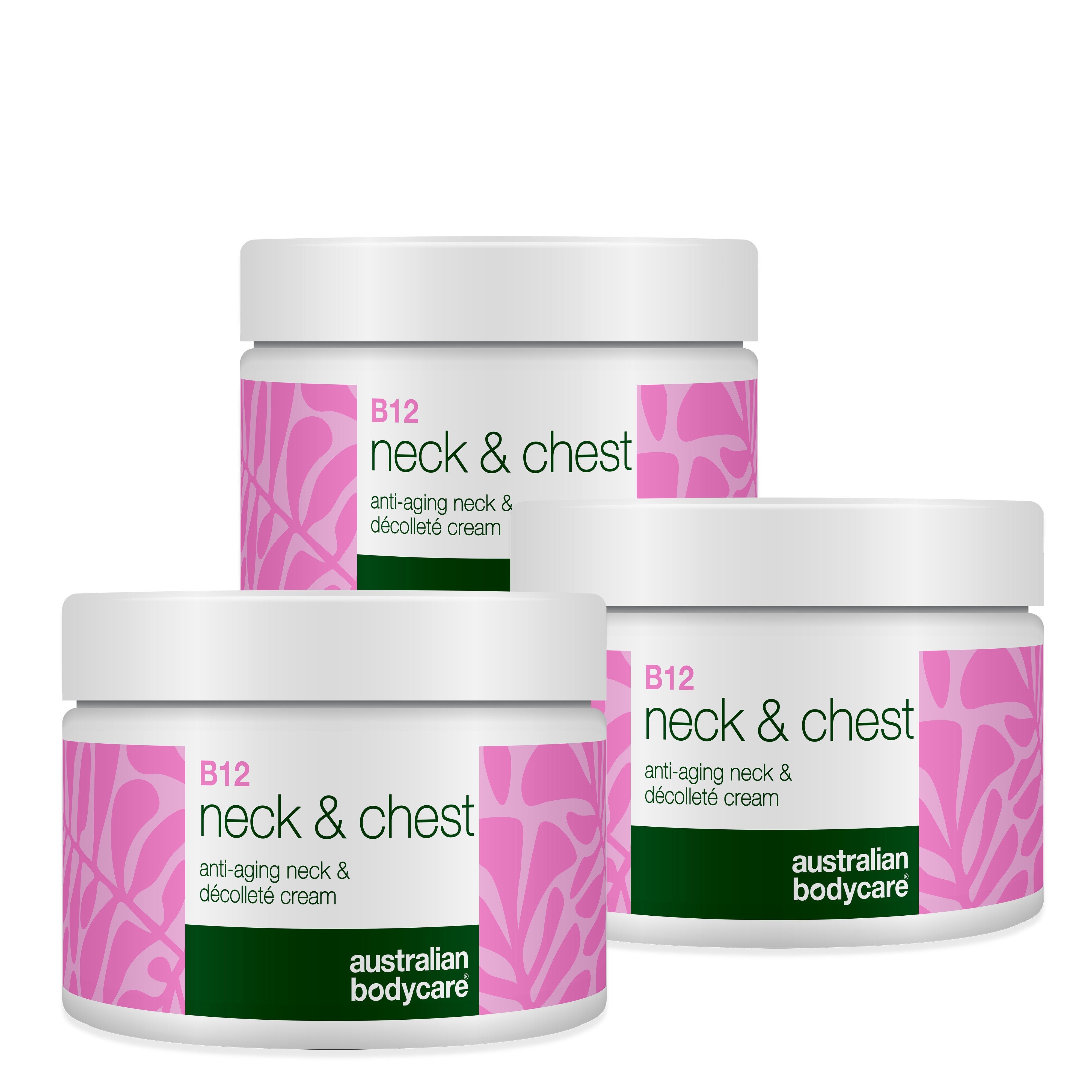 Drei Tiegel Creme für Hals und Dekolleté. Weißer Deckel, rosa Etikett mit floralem Muster. Marke: Australian Bodycare.