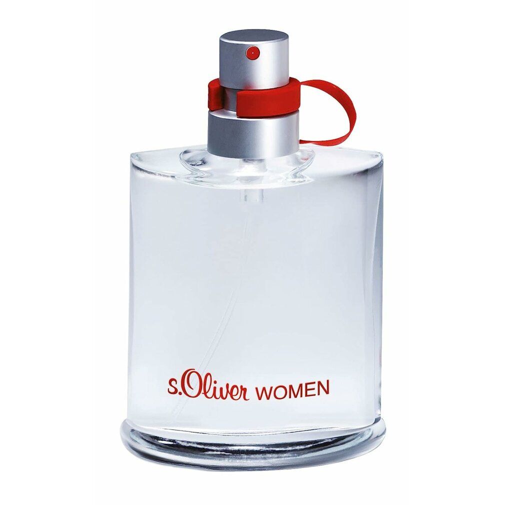 Klarer Glasflakon mit silbernem Sprühkopf und roter Sicherung. Roter Schriftzug: s.Oliver WOMEN.