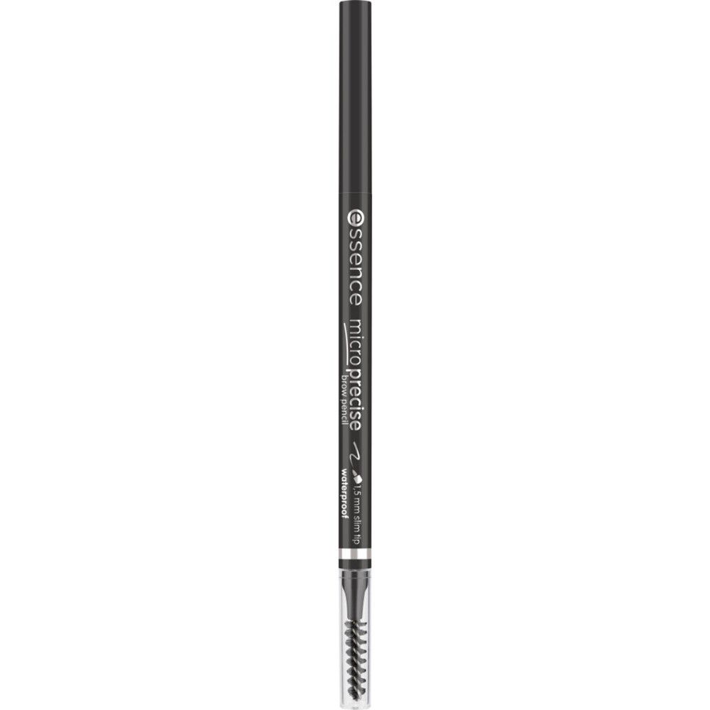 Schwarzer Augenbrauenstift mit Bürste. Aufschrift: essence micro precise waterproof.