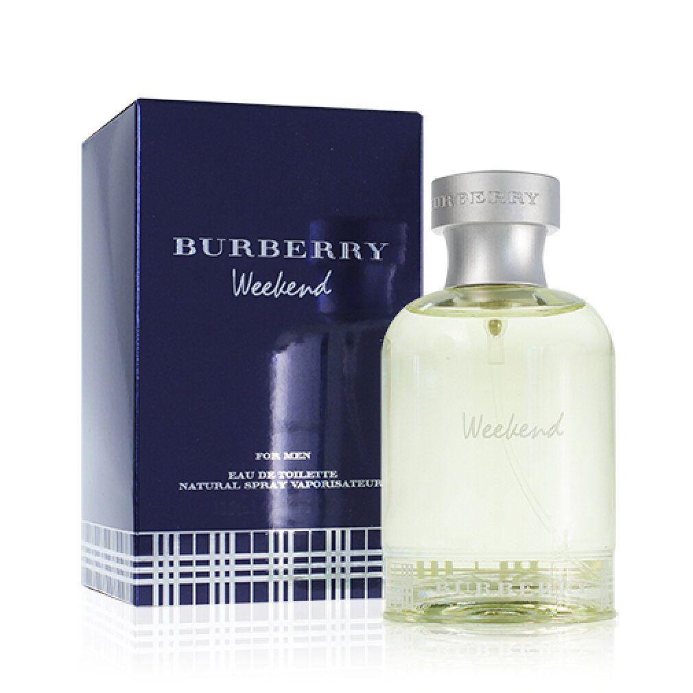 Burberry Weekend Flakon und Schachtel. Text: Burberry Weekend, For Men, Eau de Toilette, Natural Spray Vaporisateur.