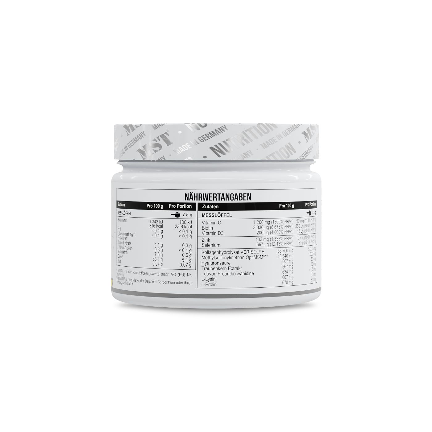 Rückseite einer MST Beauty Collagen Dose mit Nährwertangaben und Inhaltsstoffen.