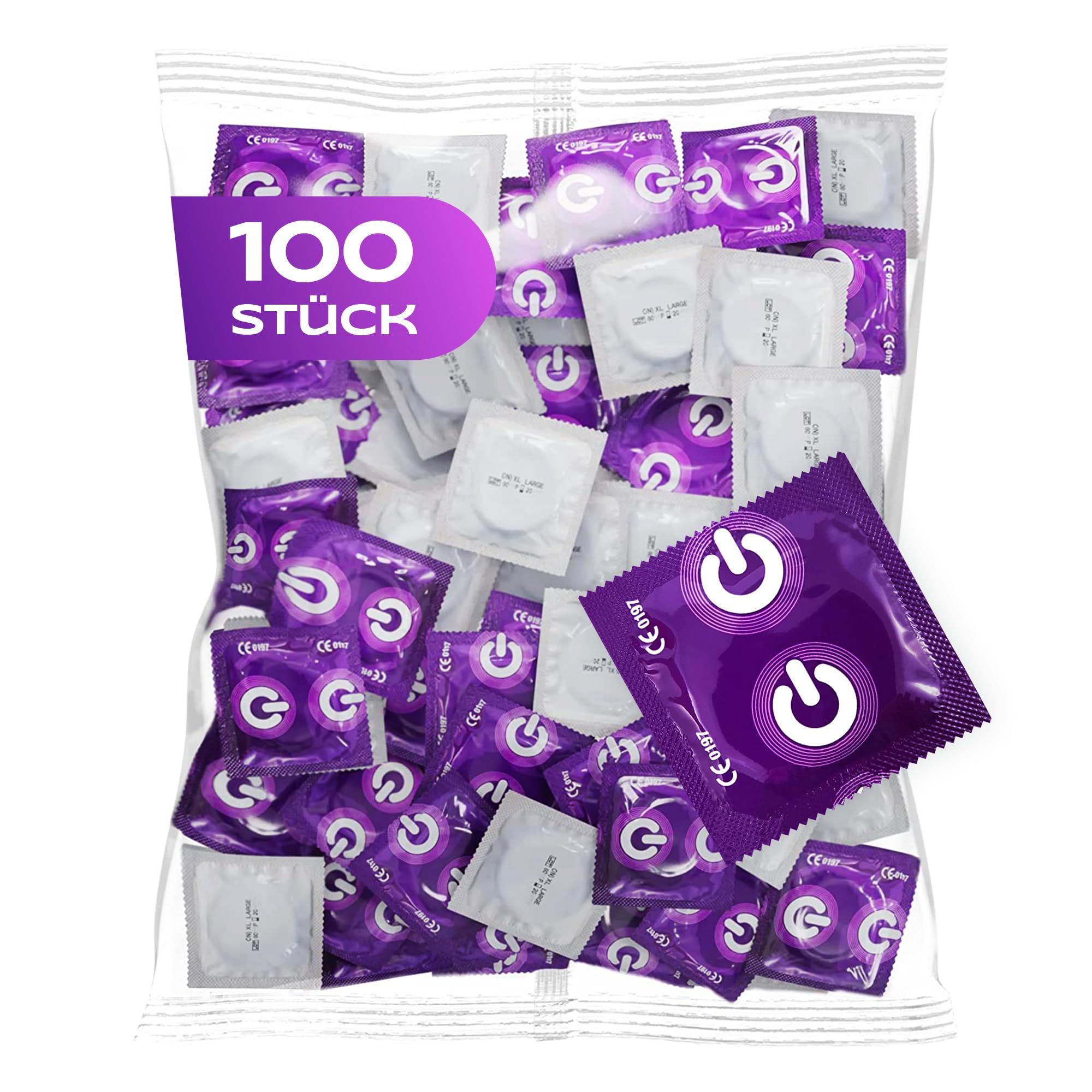 Beutel mit 100 Stück ON) Kondomen, lila und weiße Einzelverpackungen.
