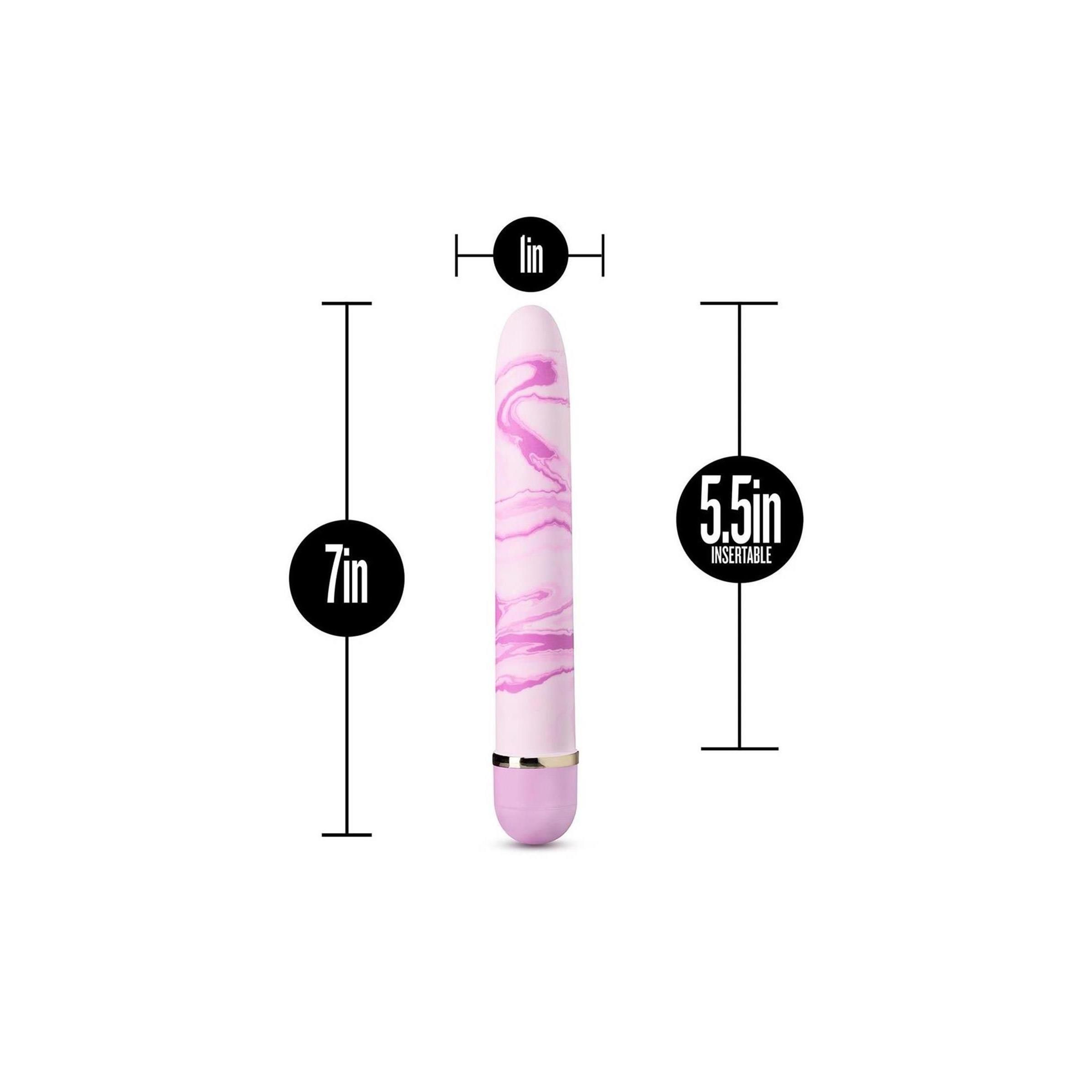 Wellness-Produkt mit rosa Marmormuster. Maße: 7 Zoll lang, 1 Zoll Durchmesser, 5,5 Zoll einführbar.