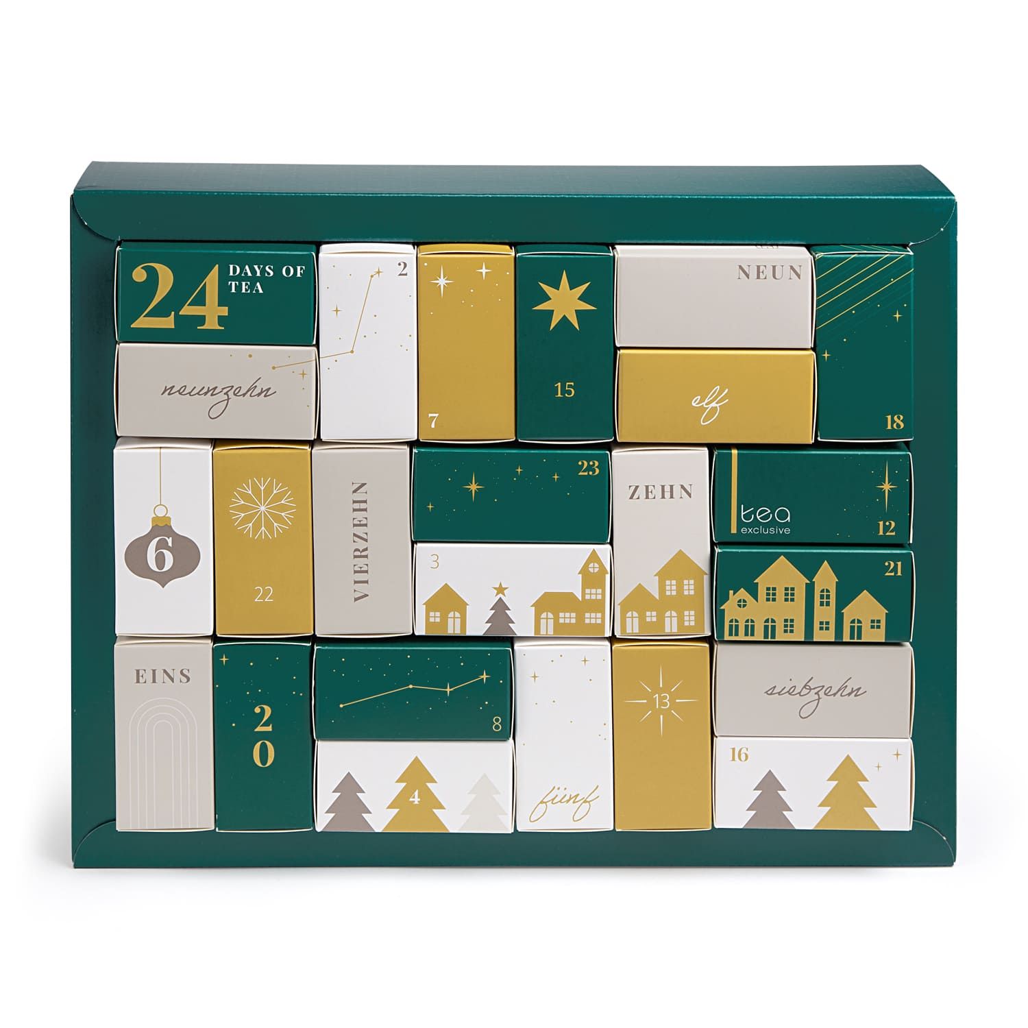 Adventskalender mit 24 Tee-Pyramidenbeuteln in 24 kleinen Schachteln.