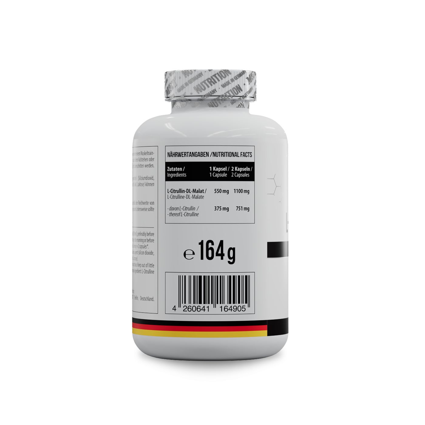 Weiße Flasche mit Etikett. Rückseite mit Nährwertangaben, Barcode und deutschem Flaggen-Design. Gewicht: 164g.