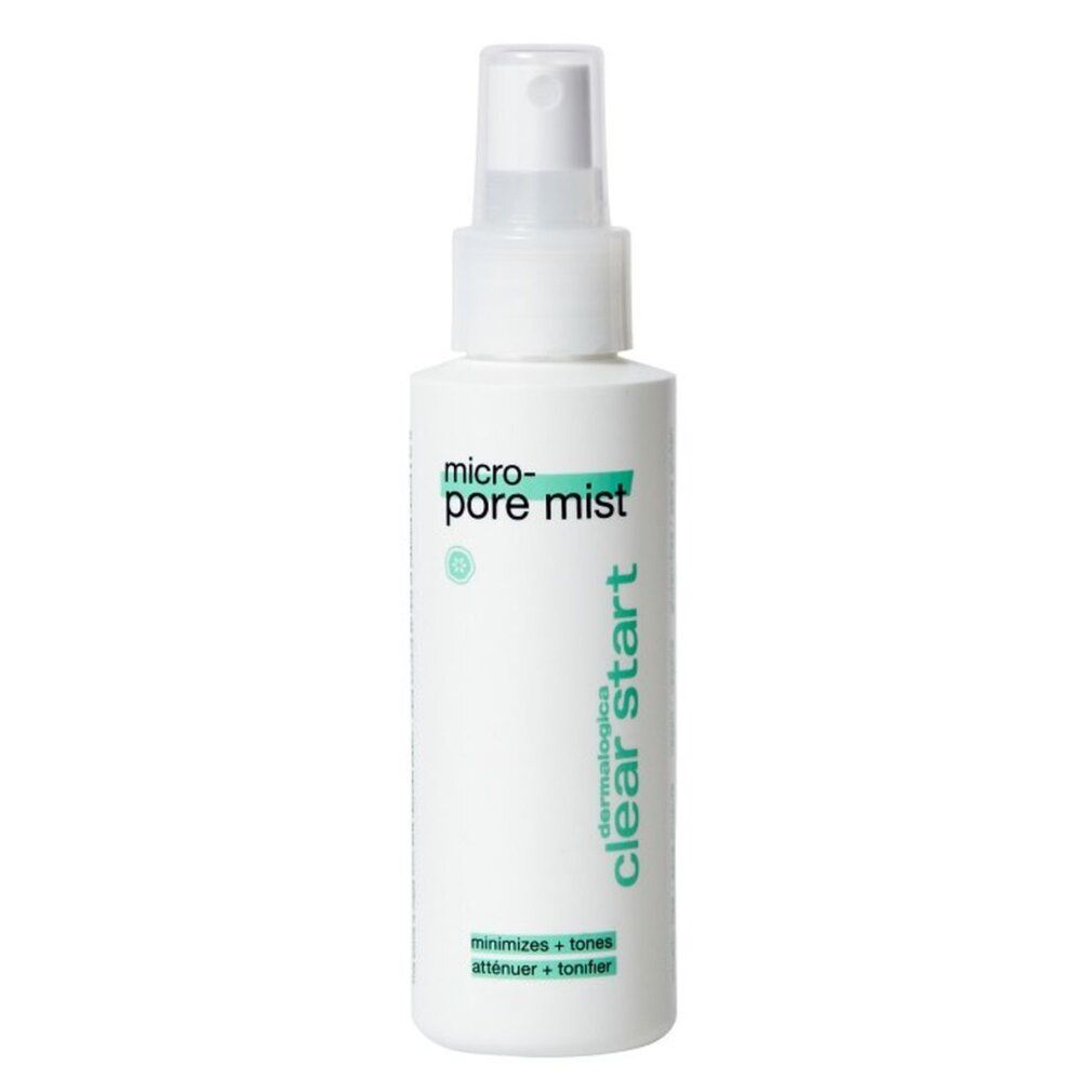 Weiße Flasche mit Sprühkopf. Aufschrift: micro-pore mist, clear start, Dermalogica. Minimiert + tonisiert.