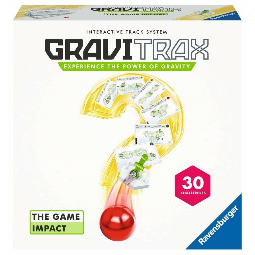 Verpackung mit GraviTrax-Logo, roter Kugel und Fragezeichen-Design. Enthält 30 Herausforderungen. Ravensburger-Logo.