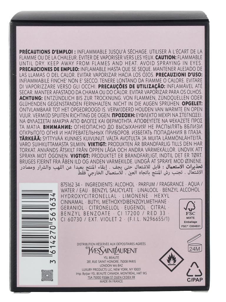 Rückseite der Verpackung. Text in mehreren Sprachen: Vorsichtsmaßnahmen, Inhaltsstoffe, Warnhinweise, FSC-Logo, 24M.