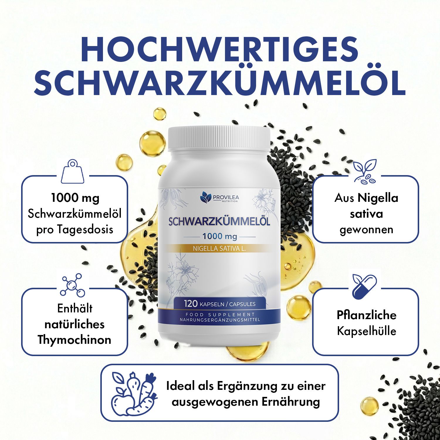 Flasche Schwarzkümmelöl Kapseln, umgeben von Illustrationen. Text: 1000 mg, 120 Kapseln, aus Nigella sativa, pflanzliche Kapselhülle.