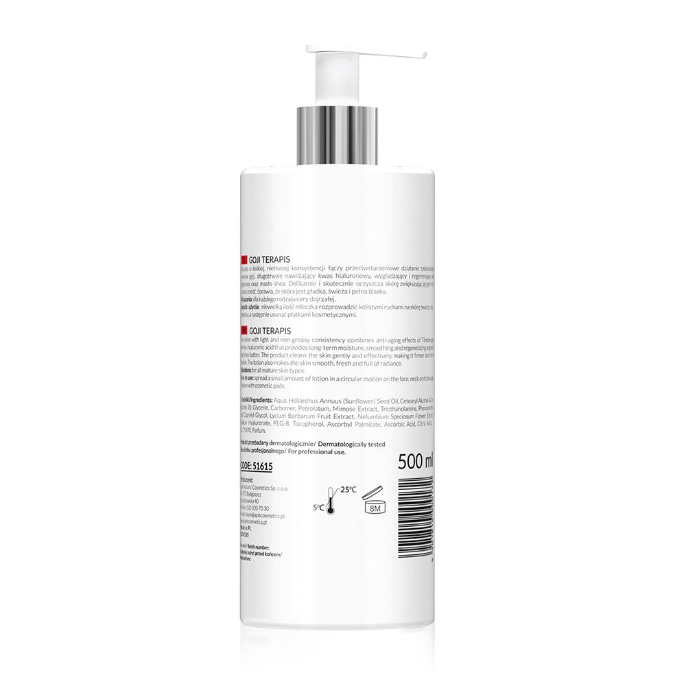 Rückseite einer weißen Flasche mit Pumpe. Text und Barcode. Aufschrift: GOJI TERAPIS. Volumen: 500 ml.