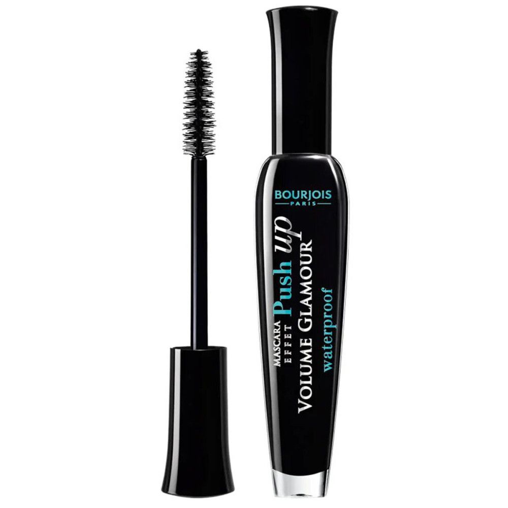 Schwarze Mascara-Tube und Bürste. Aufschrift Bourjois Push up Volume Glamour Waterproof.