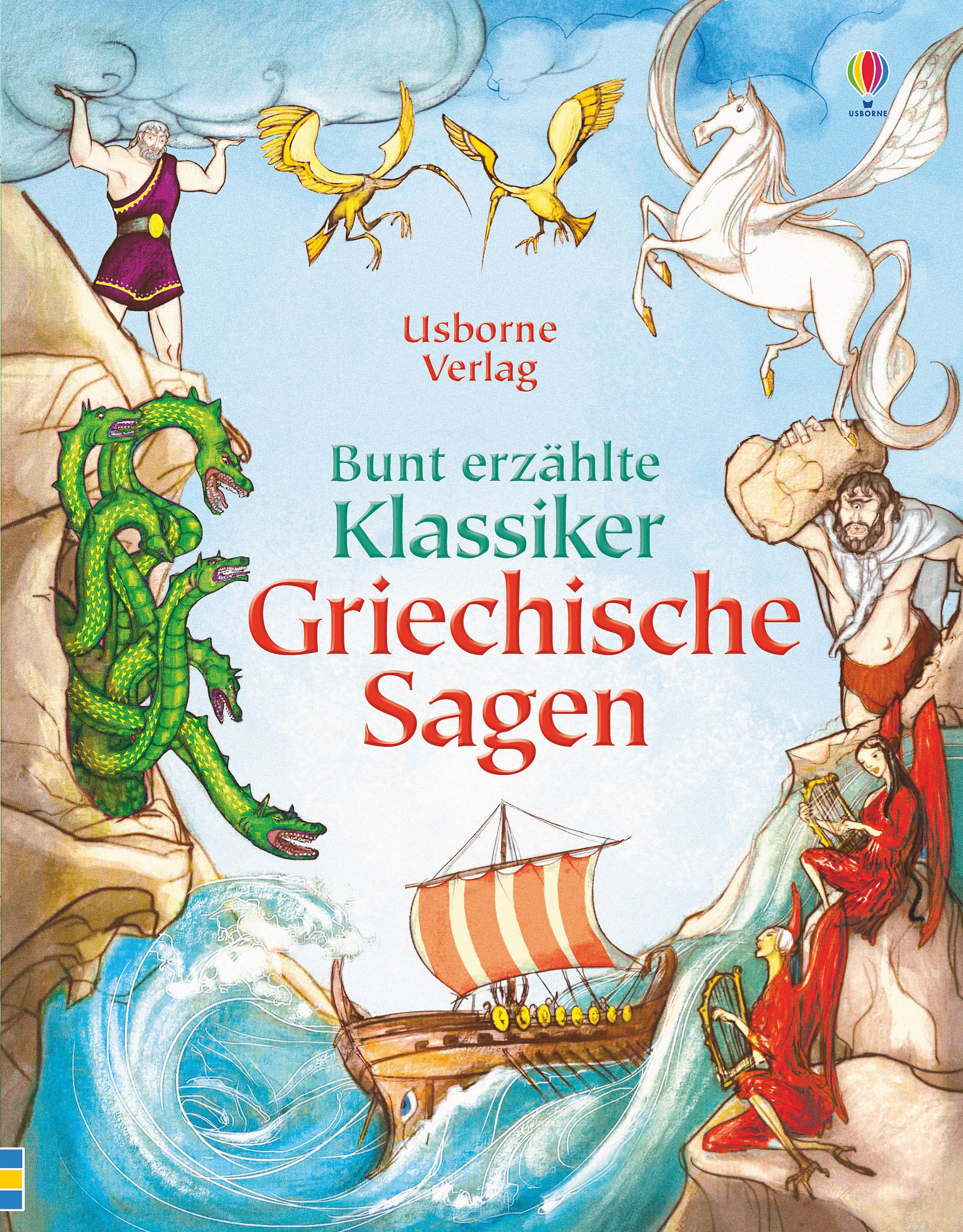 Buchcover: Bunt erzählte Klassiker: Griechische Sagen. Illustrationen von mythologischen Figuren und Szenen. Verlag Usborne.