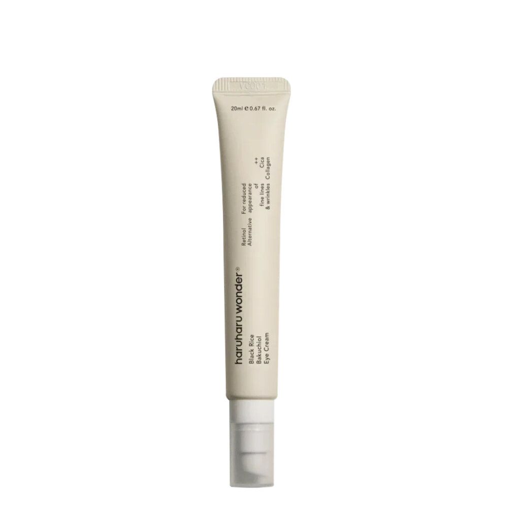 Haruharu WONDER Black Rice Bakuchiol Augencreme Tube, isoliert auf weißem Hintergrund. Klare Produktansicht.