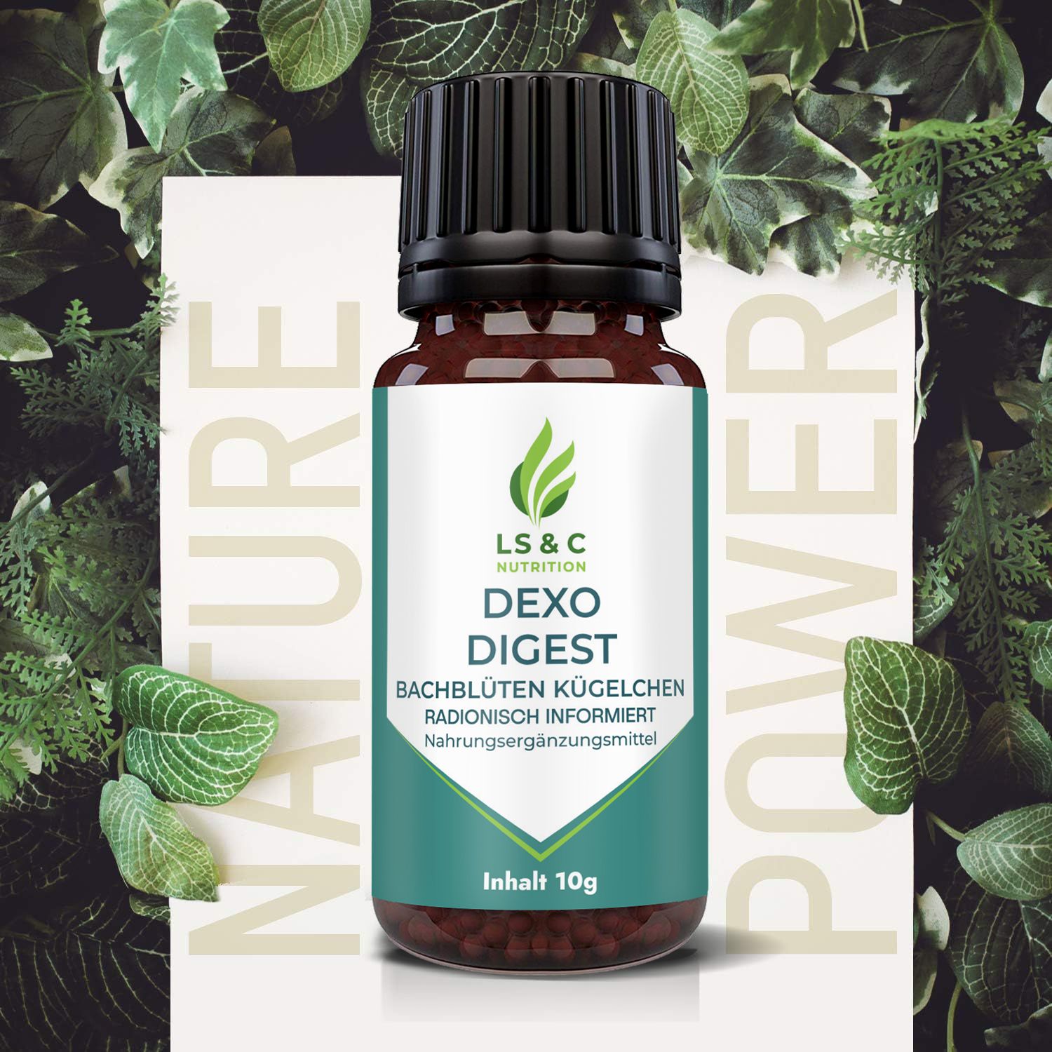 Braune Glasflasche mit schwarzem Deckel, umgeben von Blättern. Weißes Etikett mit grünem Logo, Produktname und Text. Inhalt 10g.