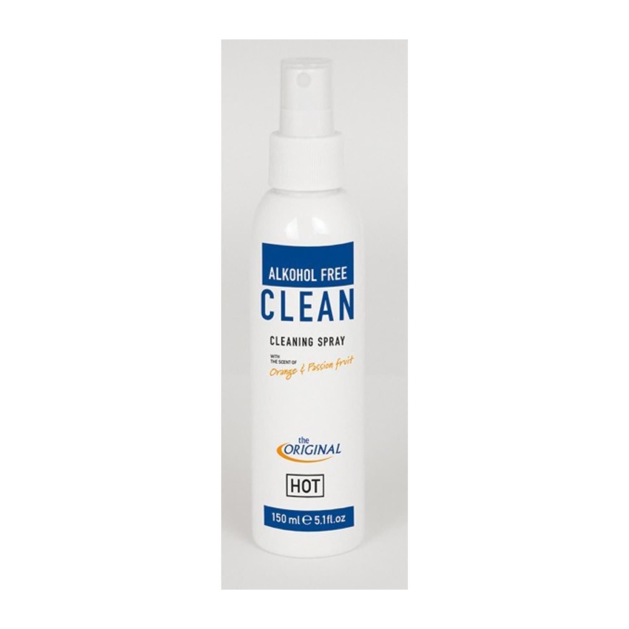 Weiße Sprühflasche mit blauem Etikett. Aufschrift: ALKOHOL FREE CLEAN, Cleaning Spray, HOT. 150 ml.
