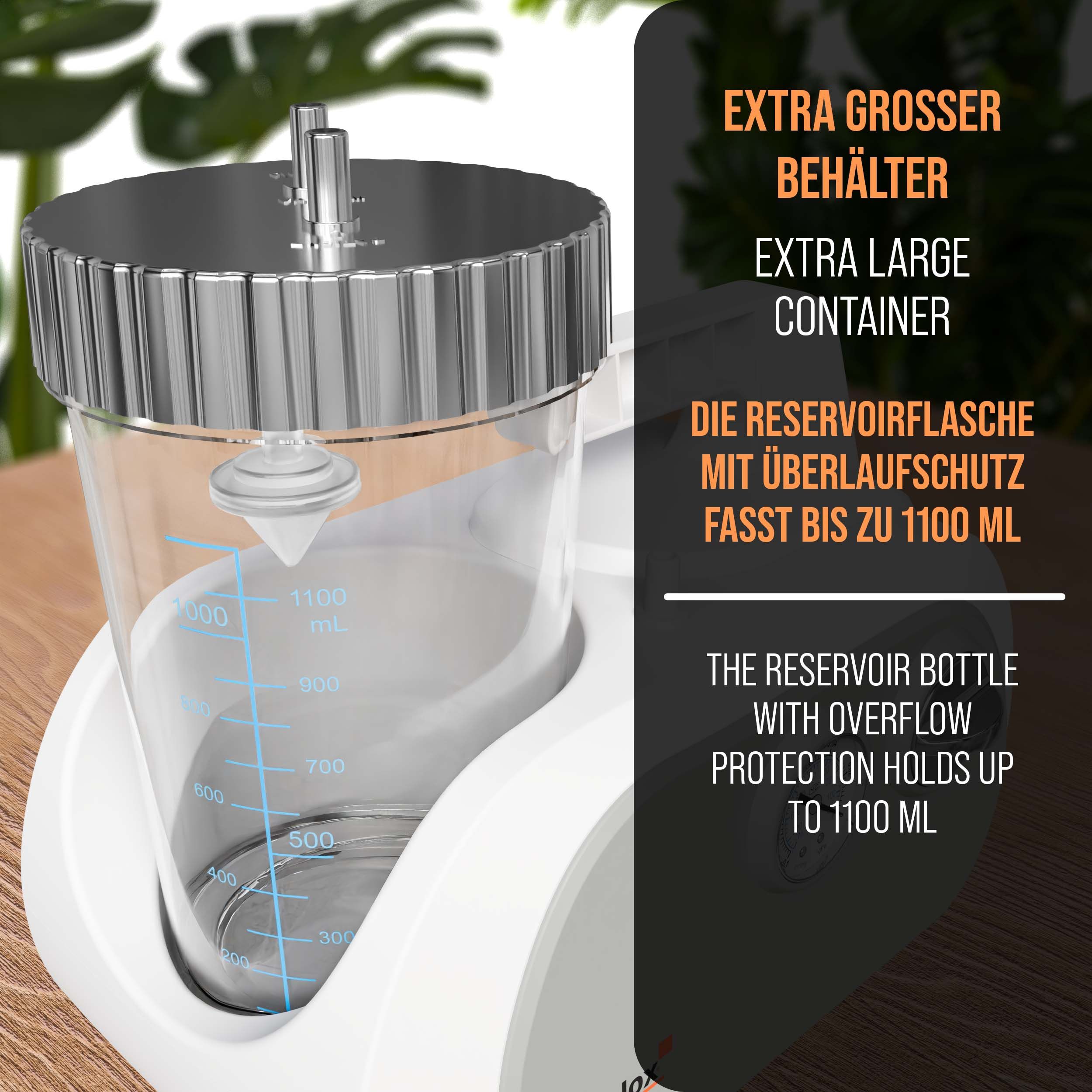 Nahaufnahme der Sekret-Absaugpumpe. Extra großer Behälter mit Überlaufschutz. Fassungsvermögen bis zu 1100 ml.