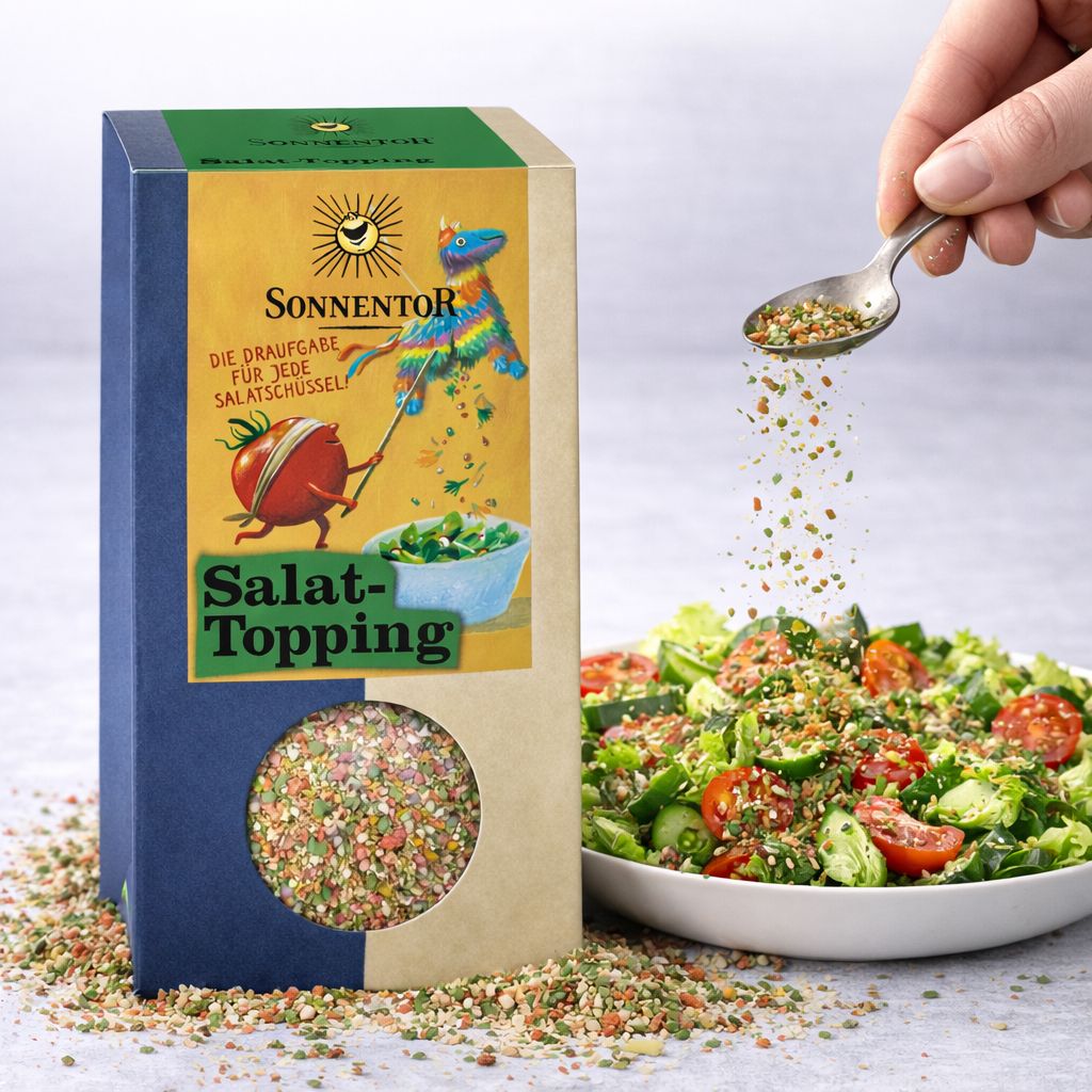 Sonnentörr Salat-Topping wird von einem Löffel über einen Salat gestreut.