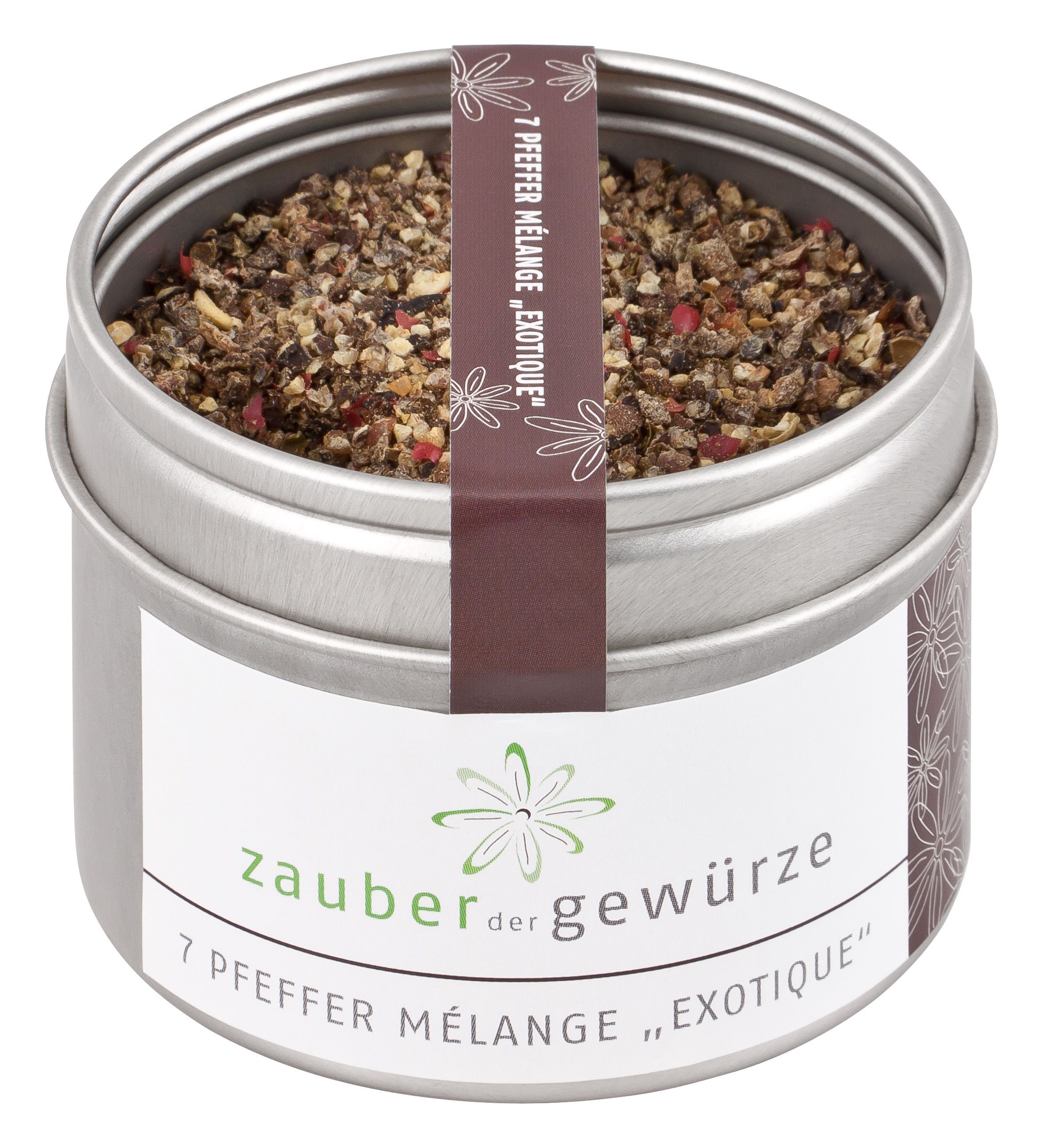 Gewürzdose mit 7 Pfeffer Mélange "Exotique". Metallbehälter mit Etikett und Produktnamen. Pfeffermischung sichtbar.