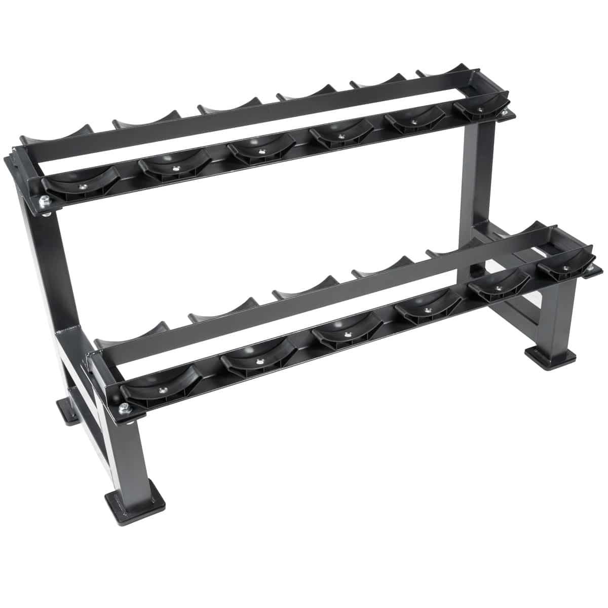 Hantelablagegestell aus Metall, schwarz. Zwei Ebenen mit Halterungen für Hanteln. Die Halterungen sind leicht gebogen.