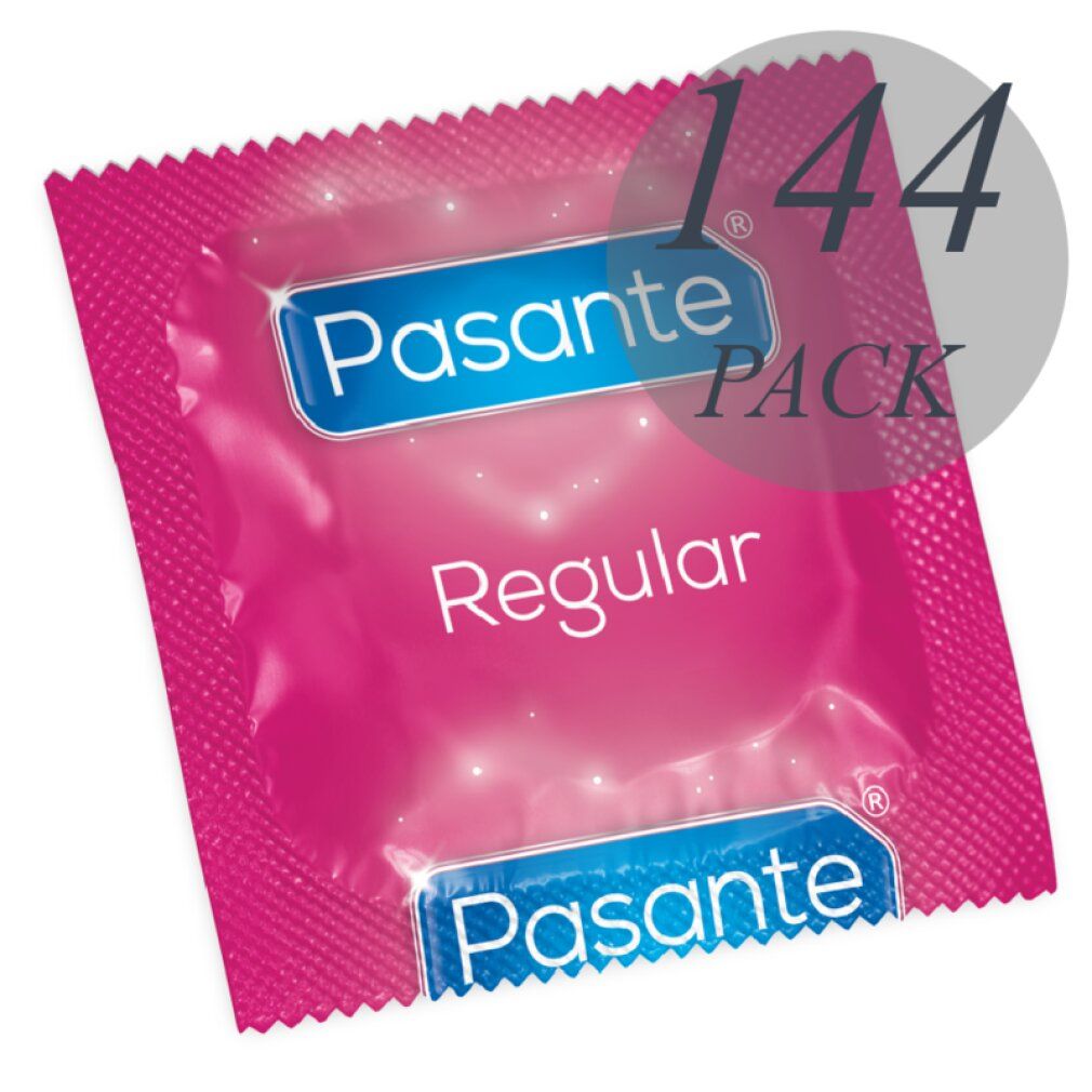 Einzelverpackung eines Kondoms. Marke Pasante, Modell Regular. Rosa Verpackung. Aufdruck: 144 Pack.