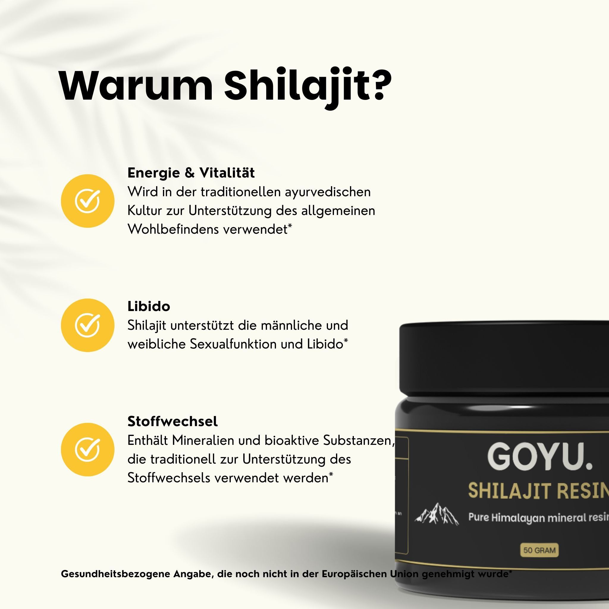 Text: Warum Shilajit? Energie & Vitalität, Libido, Stoffwechsel. Glas mit Shilajit-Harz.