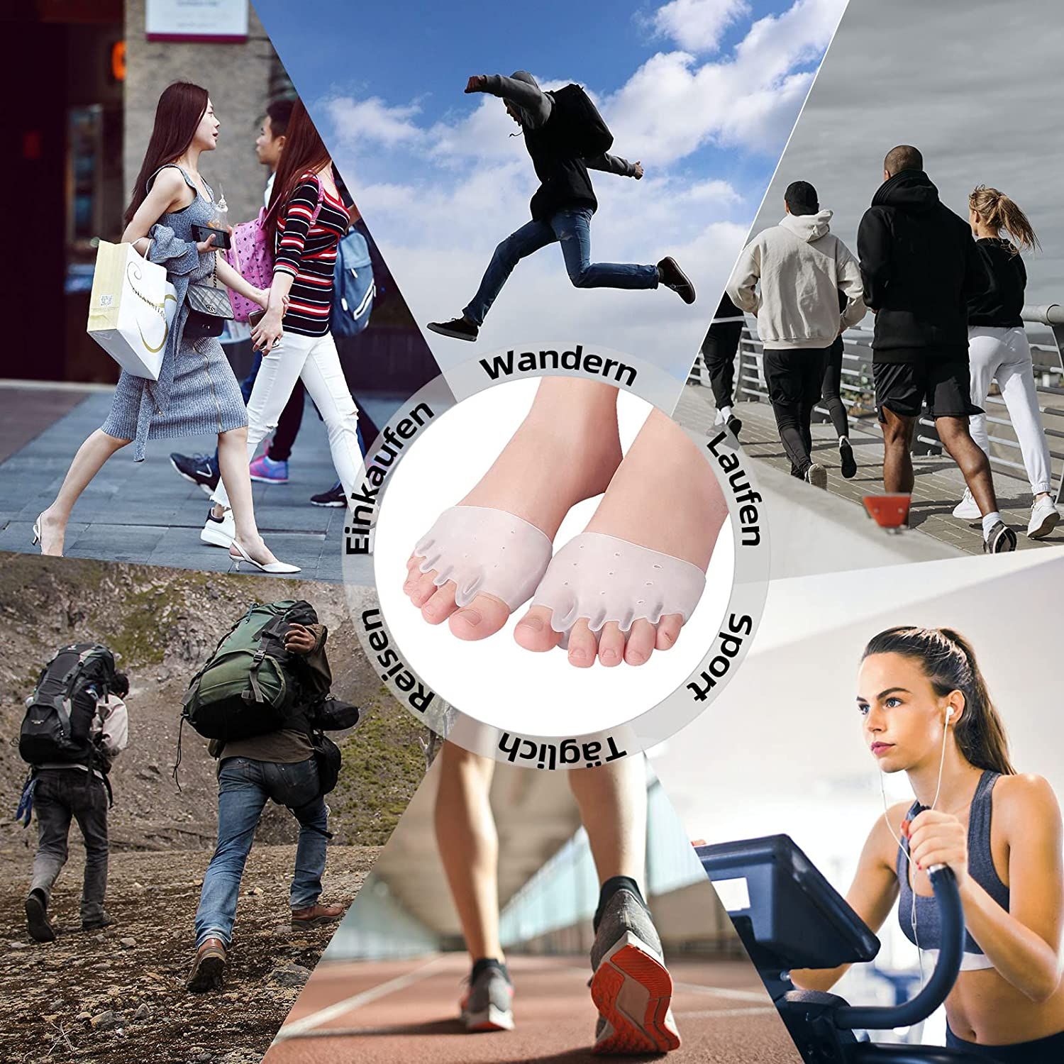 Silikon-Vorfußpolster auf Füßen. Szenen: Einkaufen, Wandern, Laufen, Sport, Reisen, Alltag. Text: Sport, Reisen, Alltag.