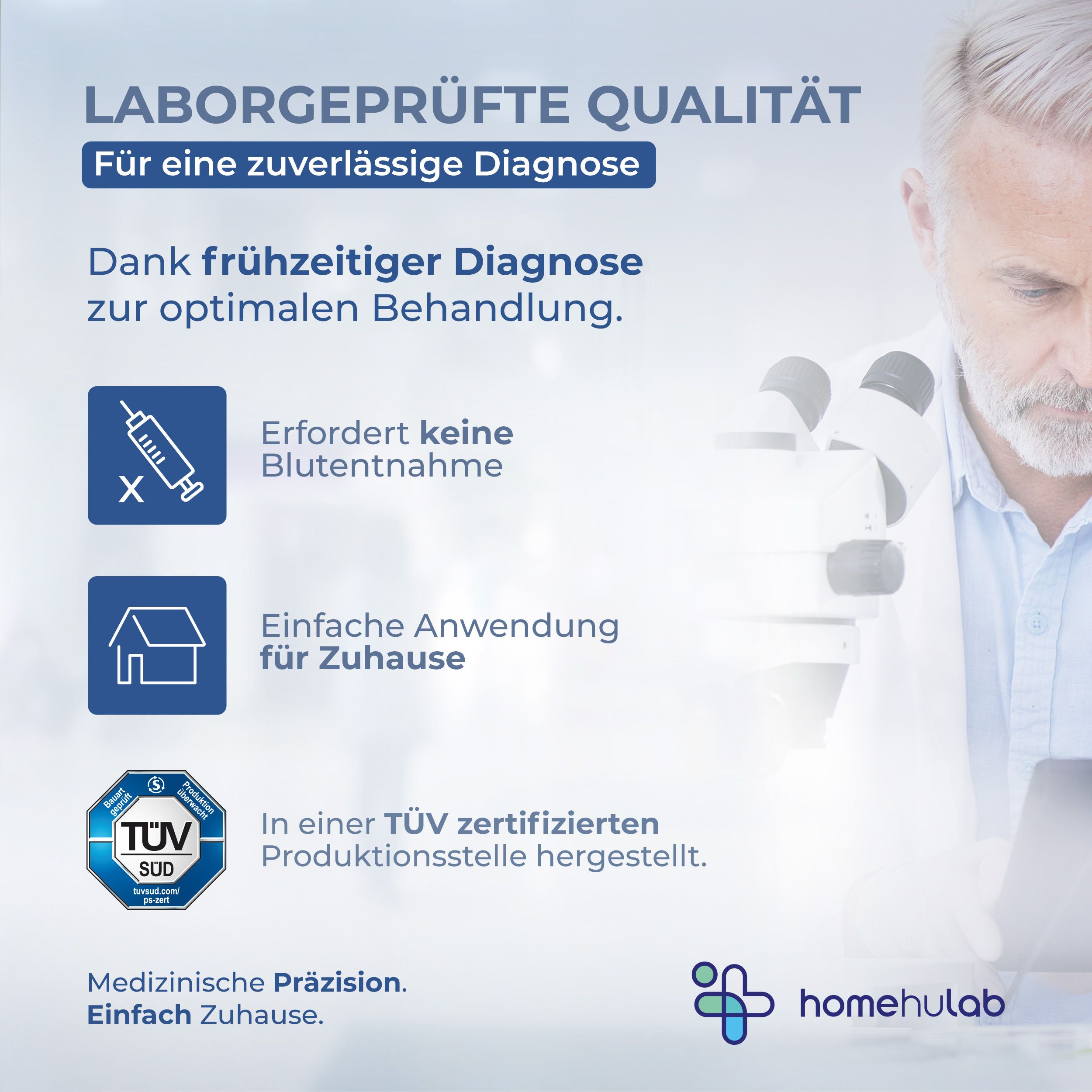 Zertifizierungen und Informationen zum SP-10 Test. Logo HomeHuLab. Medizinische Präzision.