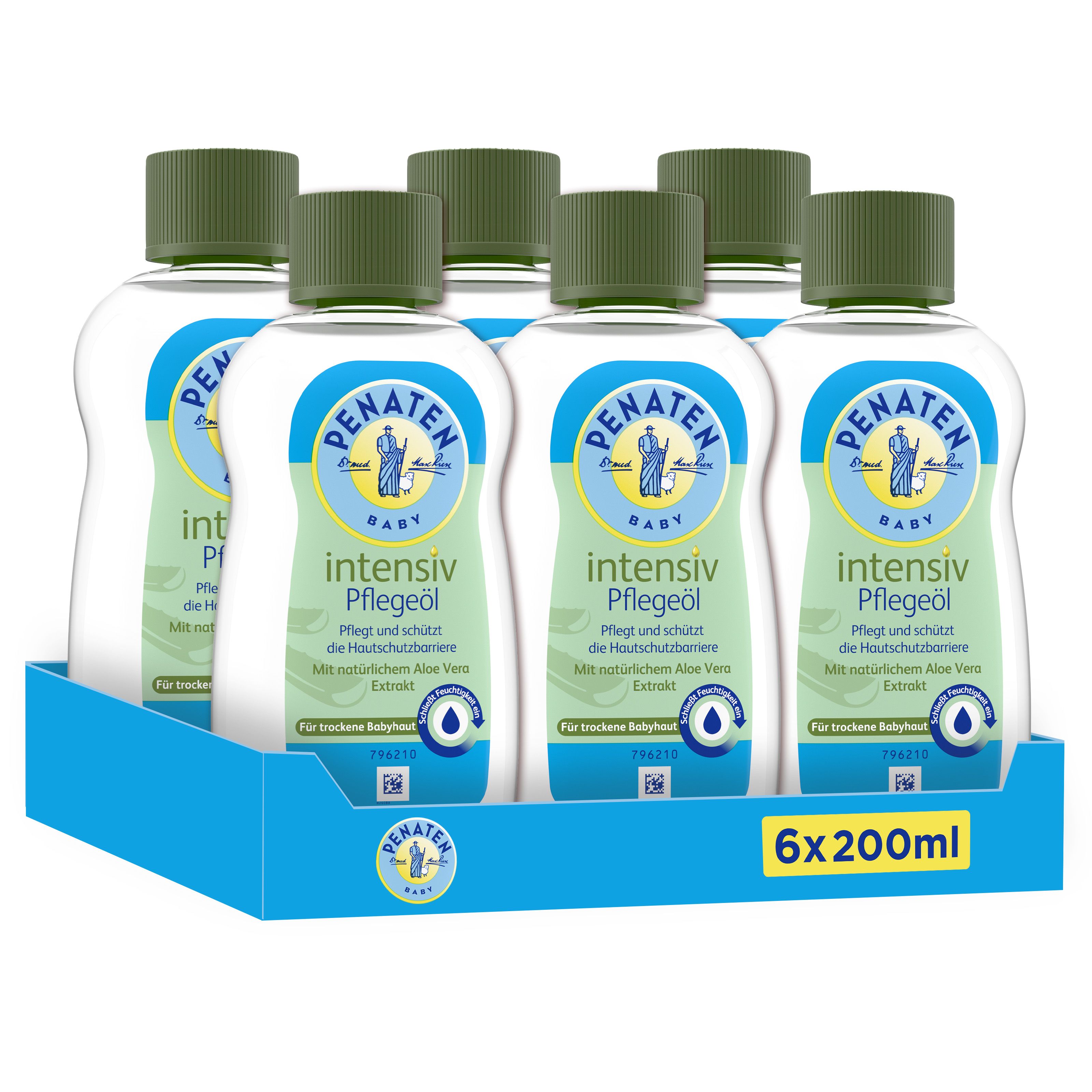 Sechs Flaschen Pflegeöl in einem blauen Karton. Jede Flasche hat einen grünen Deckel und ein blaues Etikett. Text: intensiv Pflegeöl.