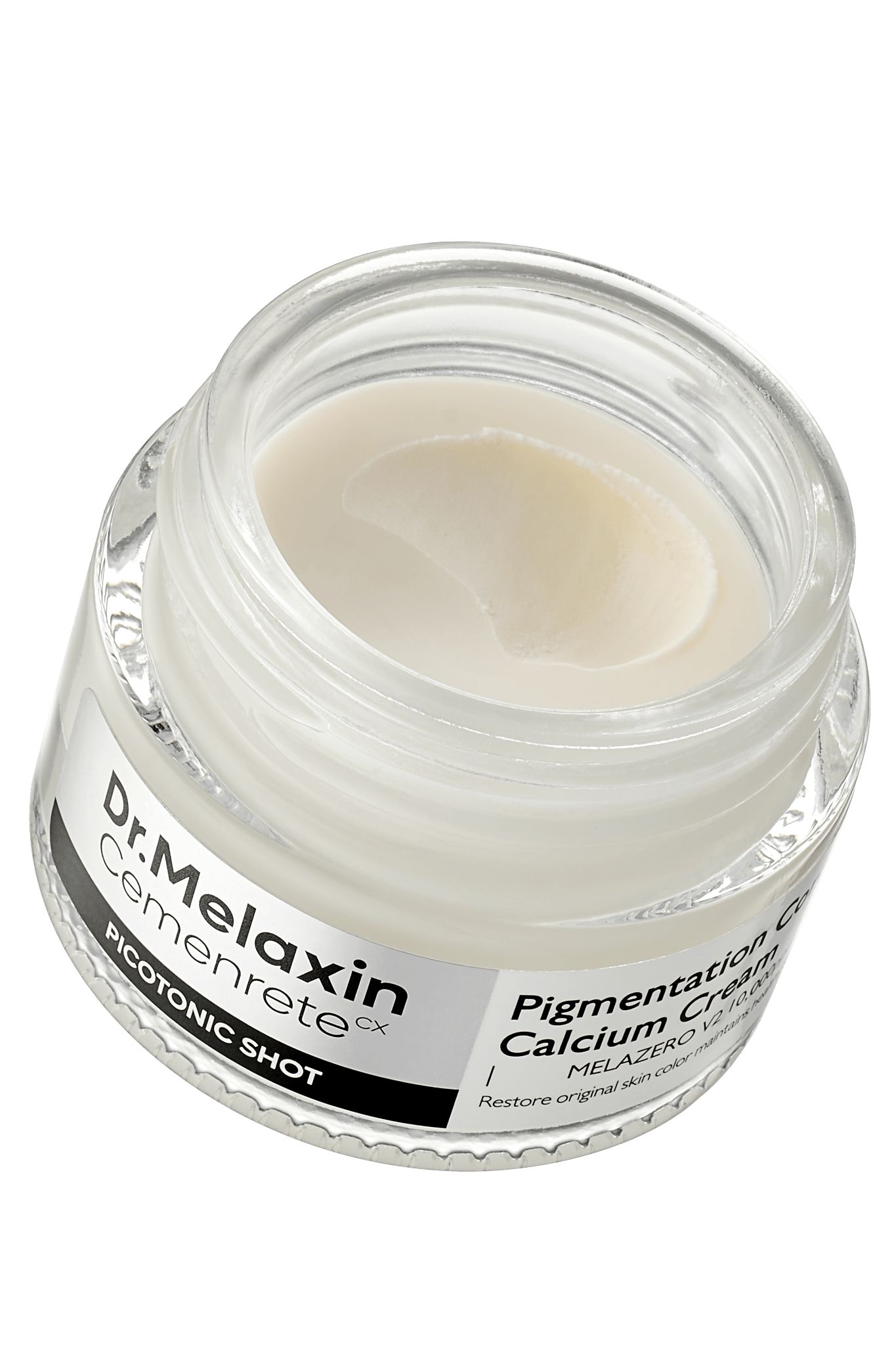 Dr. Melaxin Pigmentation Calcium Cream in einem Glasbehälter. Weiße Creme mit sichtbarer Textur.