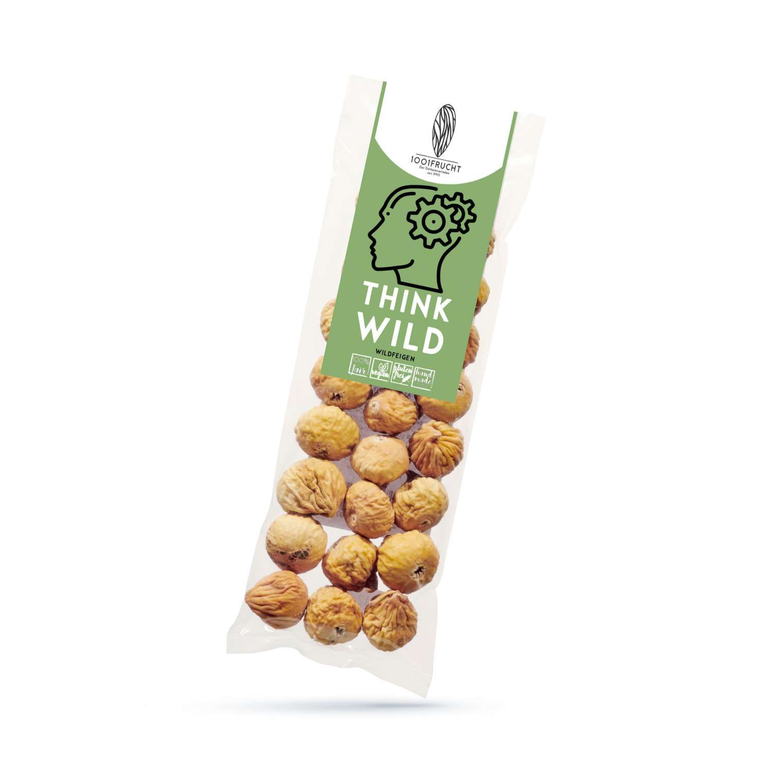Klare Plastikverpackung mit getrockneten Früchten. Aufdruck mit Logo, Text "THINK WILD" und grüner Fläche.